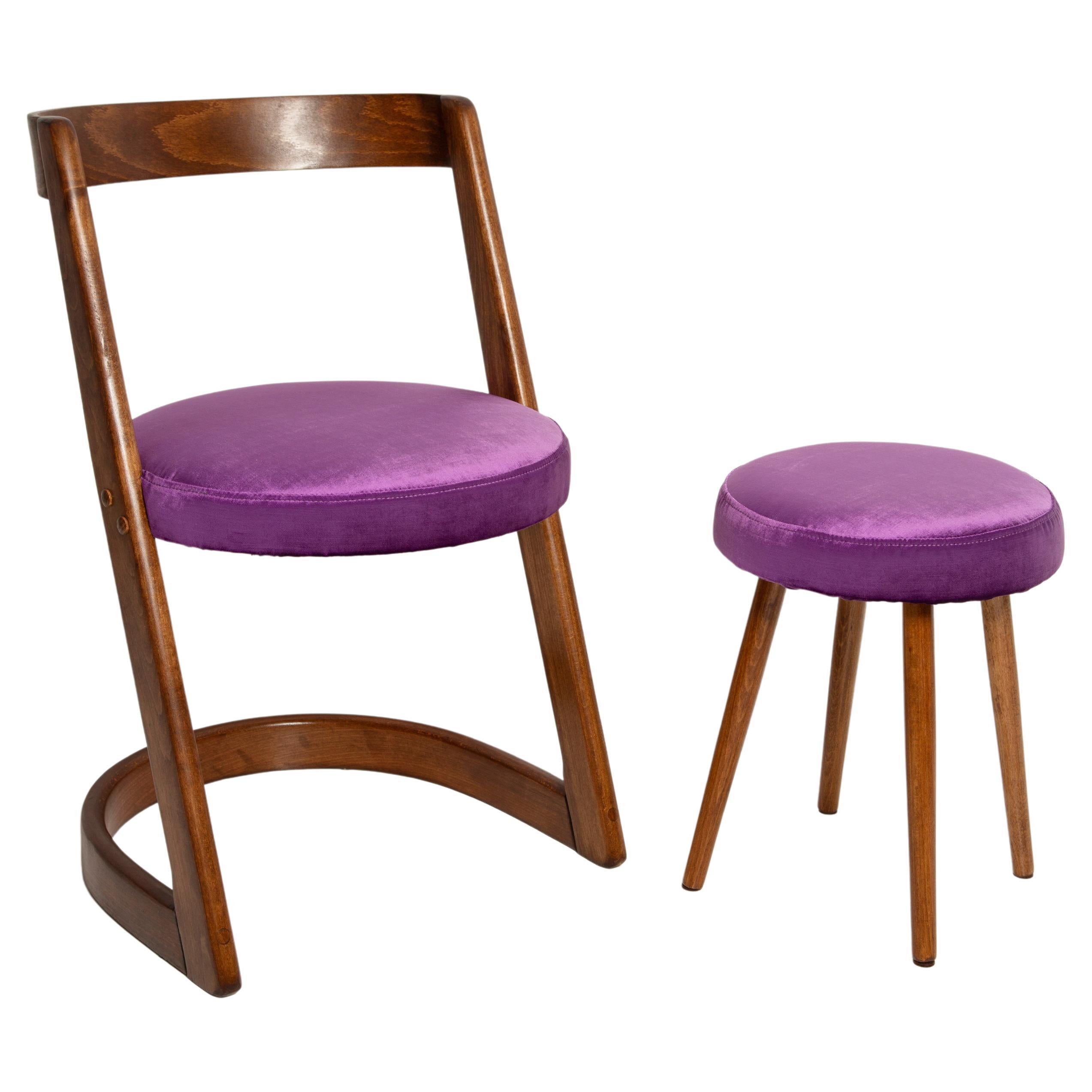 Midcentury Purple Velvet Halfa Chair and Stool, Baumann, France, 1970s