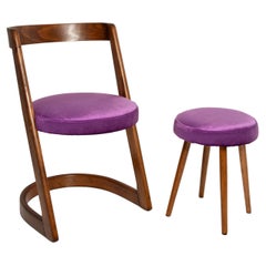 Midcentury Purple Velvet Halfa Chair and Stool, Baumann, France, 1970s