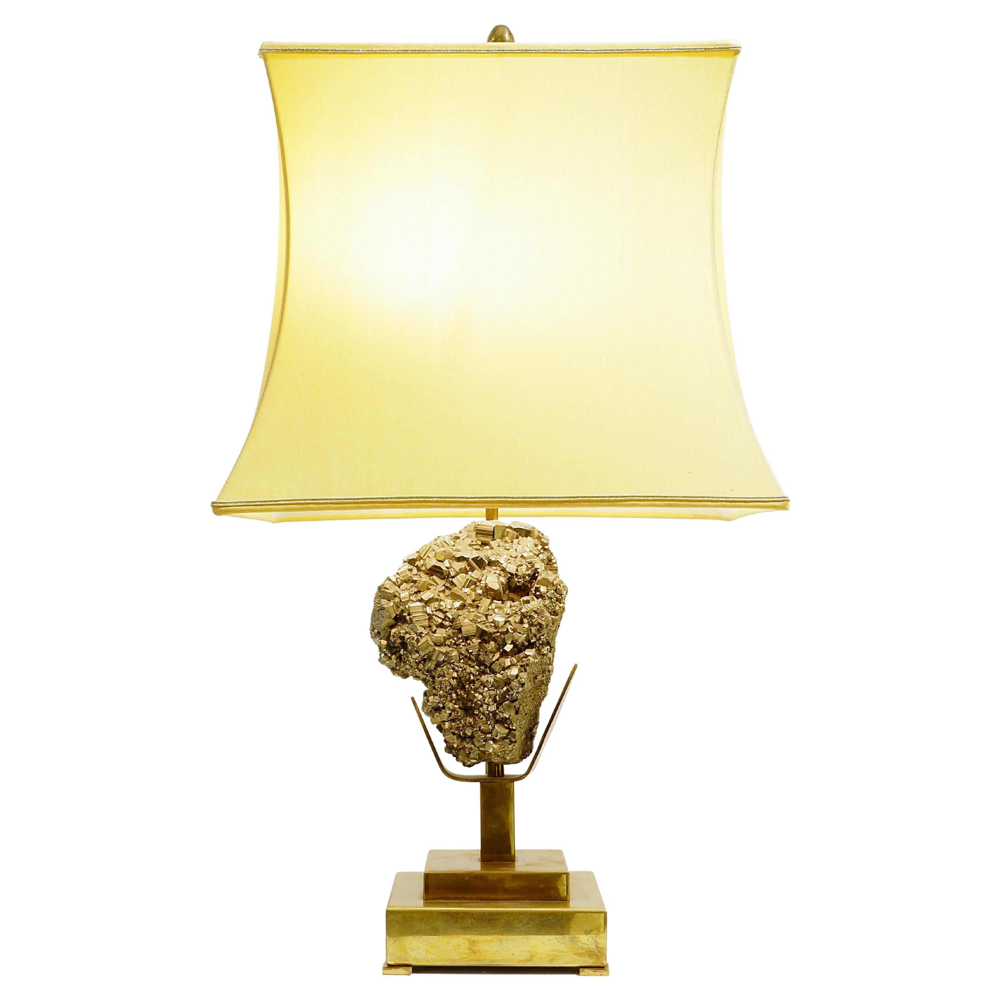 Mid-Century Pyrite Stone Table Lamp, Original Lampshade For Sale