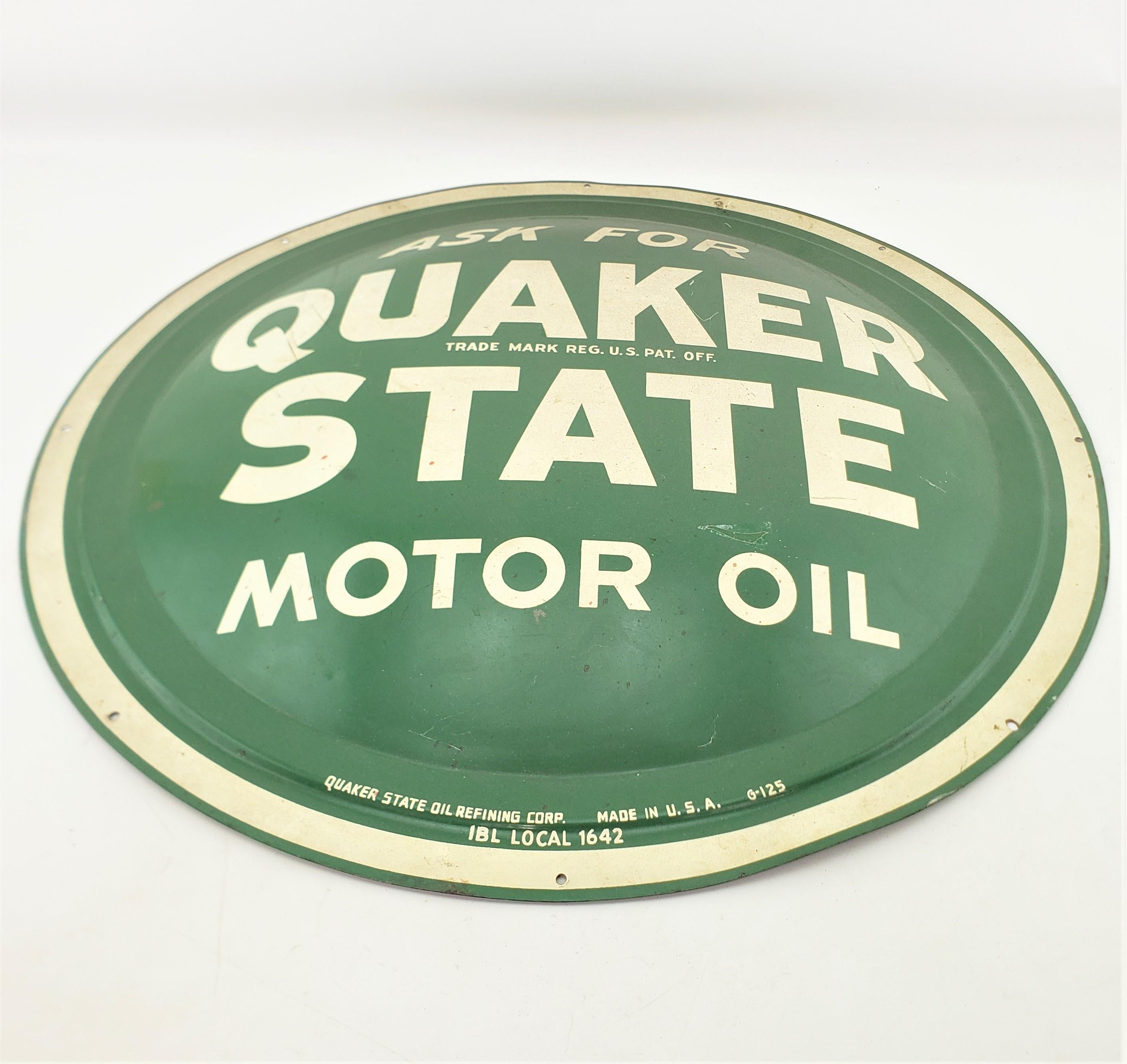Mid-Century Modern Midcentury Quaker State Motor Oil Gas Station Metal Advertising 'Button' Sign
