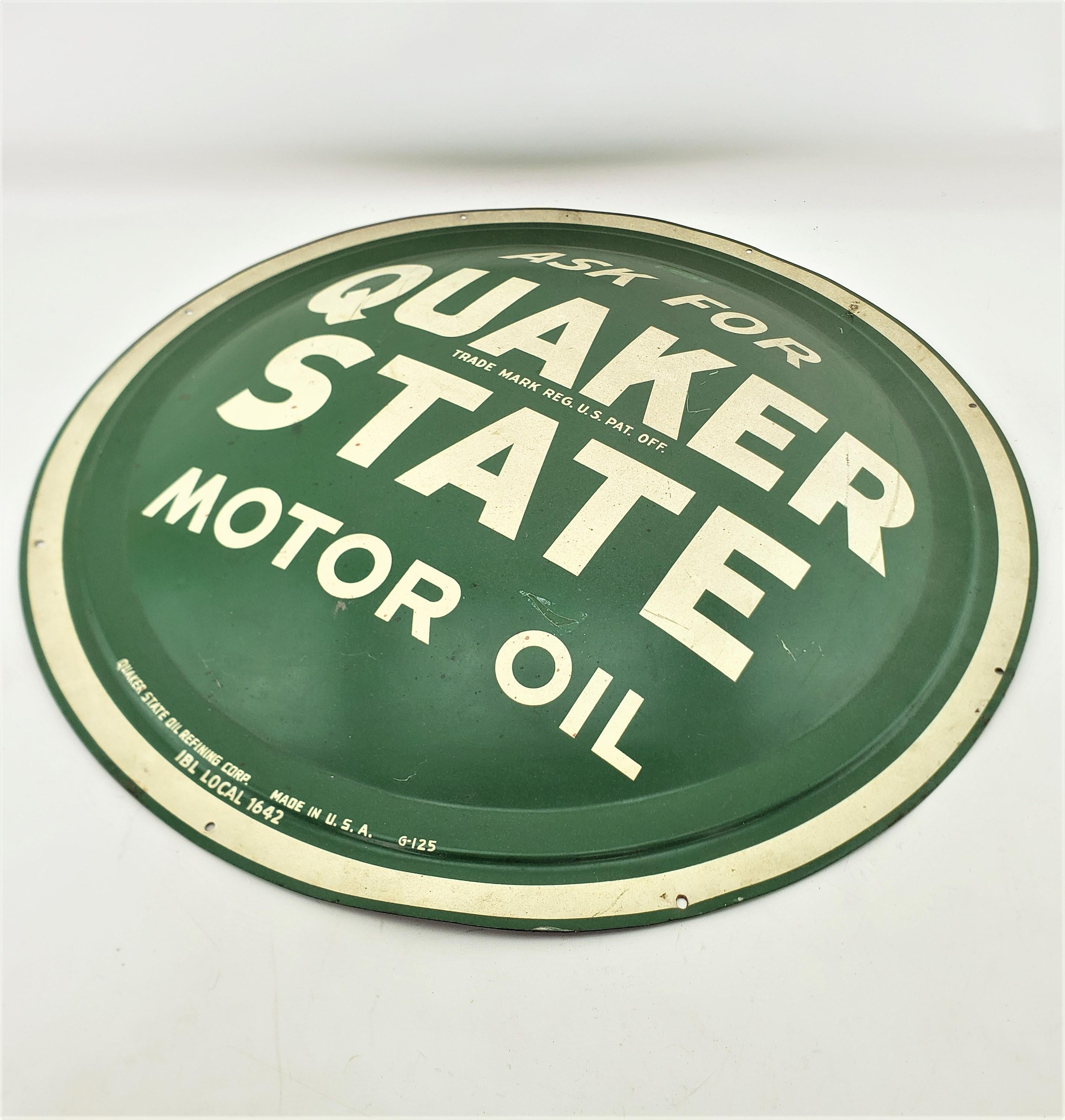 American Midcentury Quaker State Motor Oil Gas Station Metal Advertising 'Button' Sign