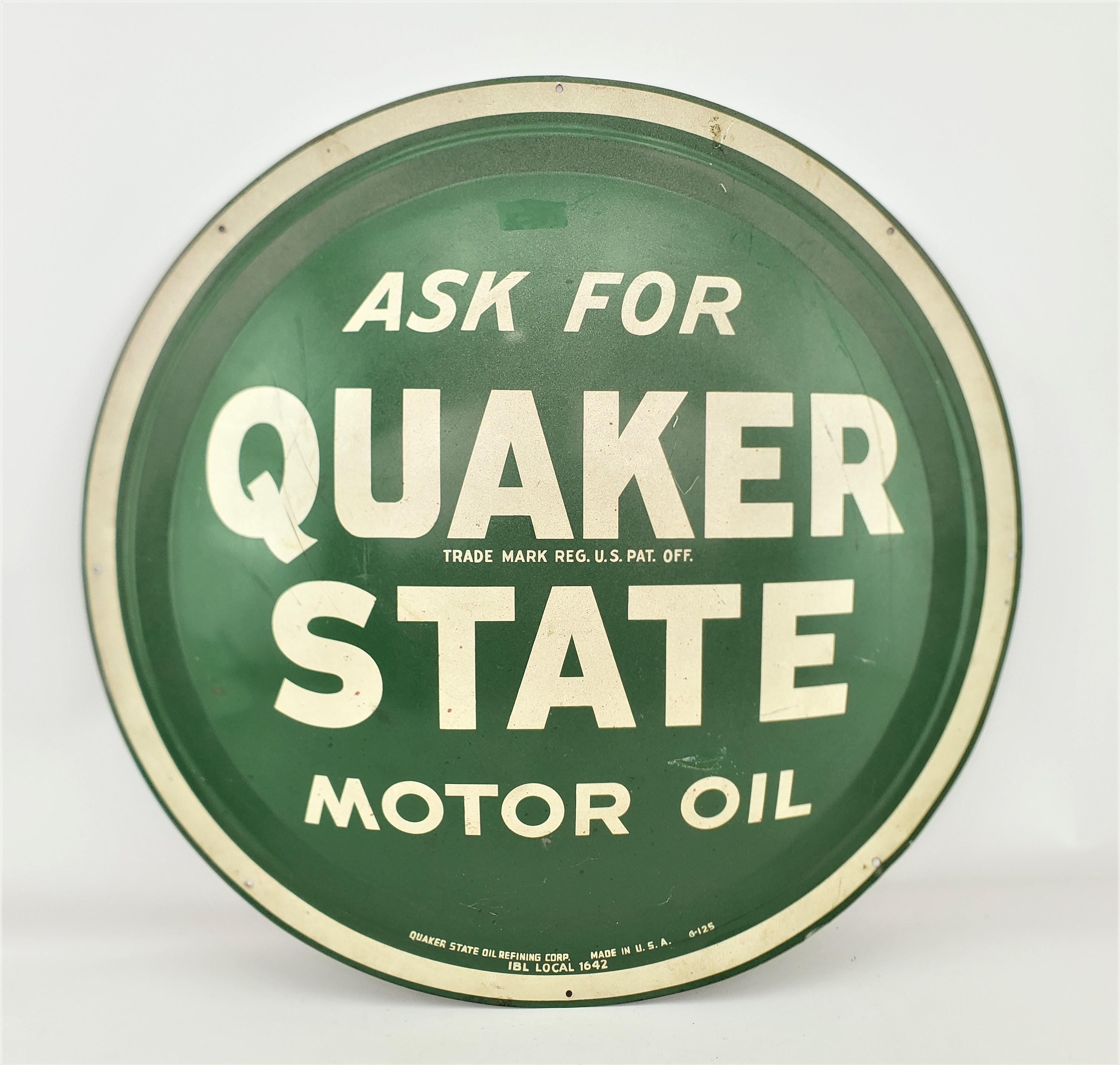 20th Century Midcentury Quaker State Motor Oil Gas Station Metal Advertising 'Button' Sign