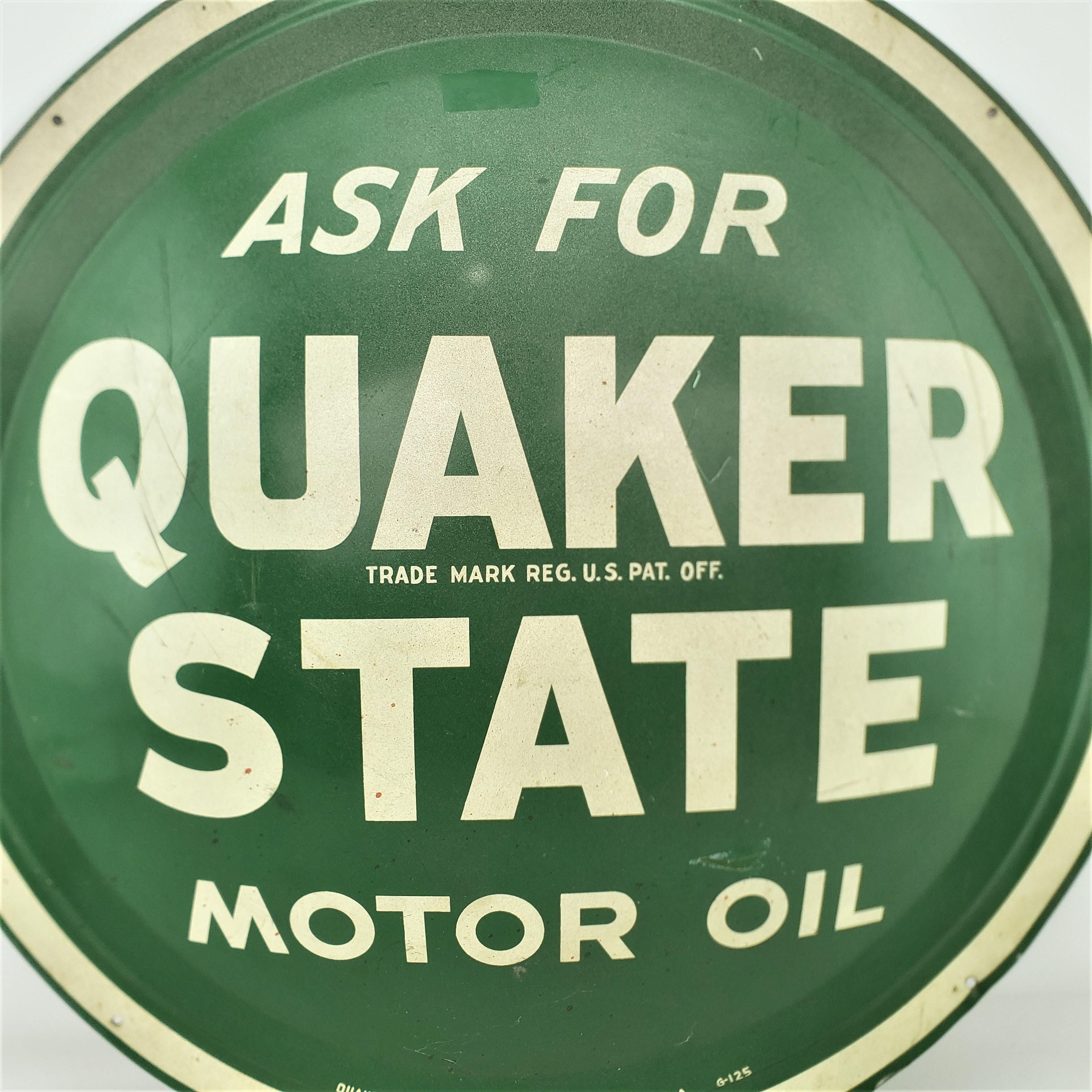 Steel Midcentury Quaker State Motor Oil Gas Station Metal Advertising 'Button' Sign