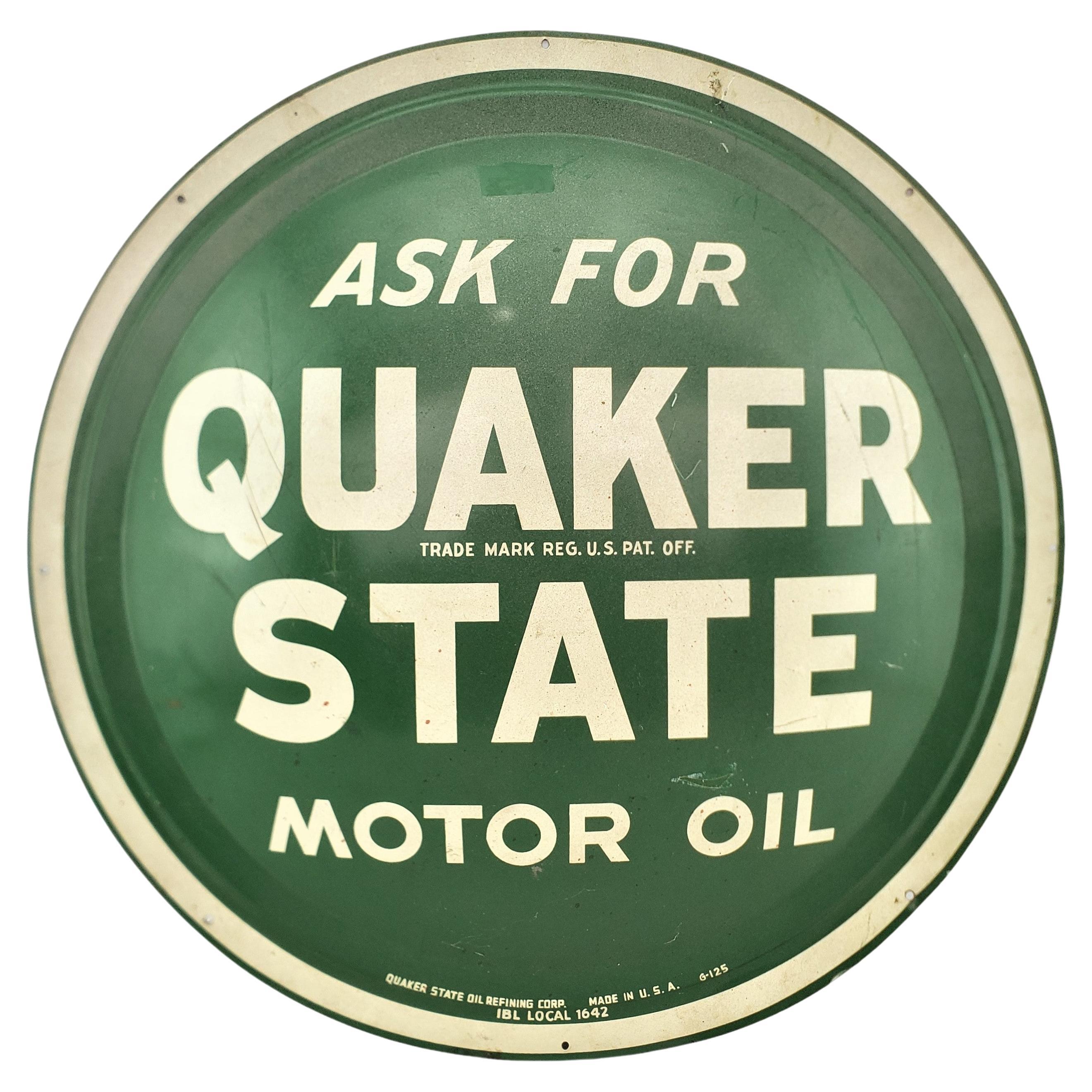 Midcentury Quaker State Motor Oil Gas Station Metal Advertising 'Button' Sign