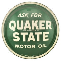 Retro Midcentury Quaker State Motor Oil Gas Station Metal Advertising 'Button' Sign
