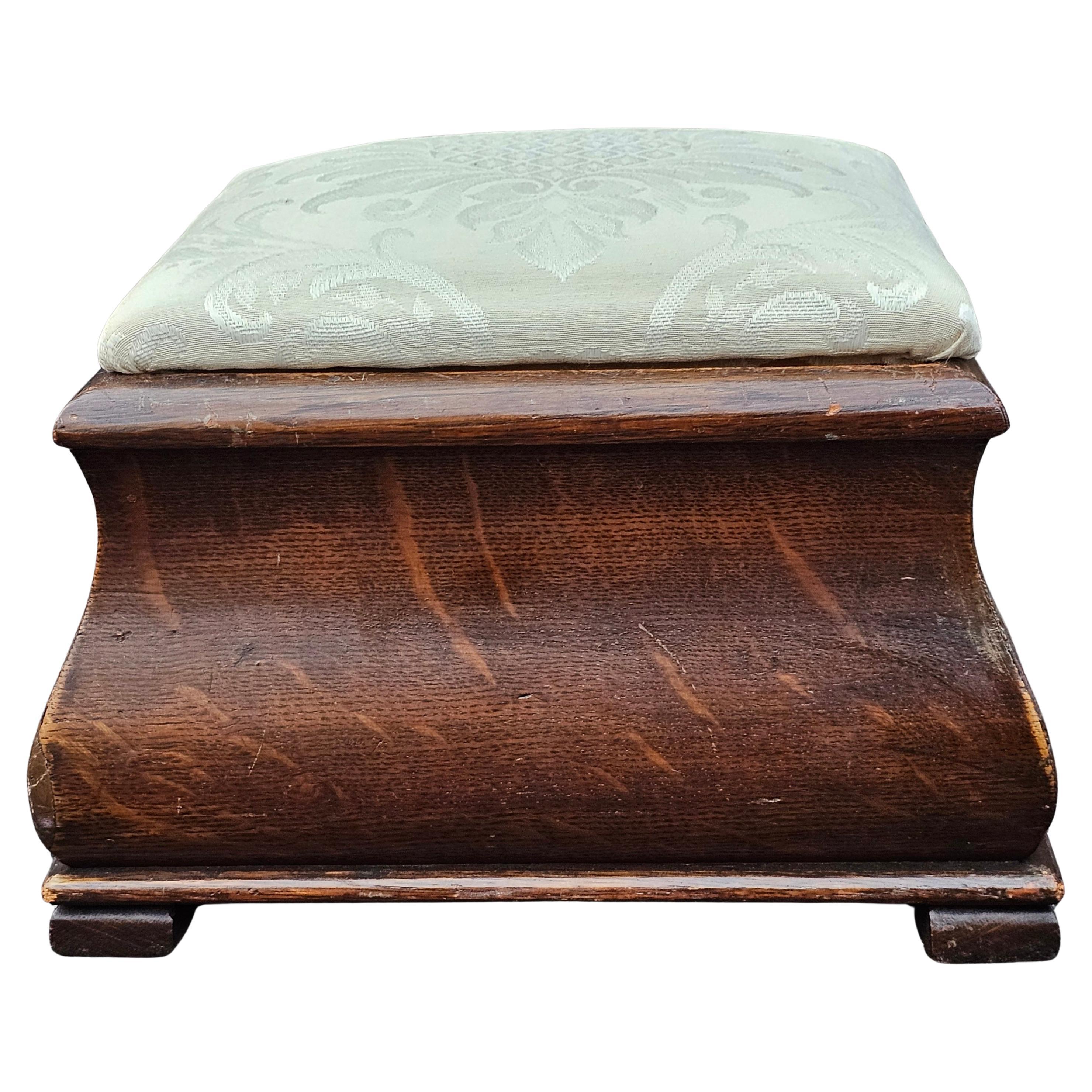 Mid-Century Quartersawn Oak and Upholstered Storage Footstool