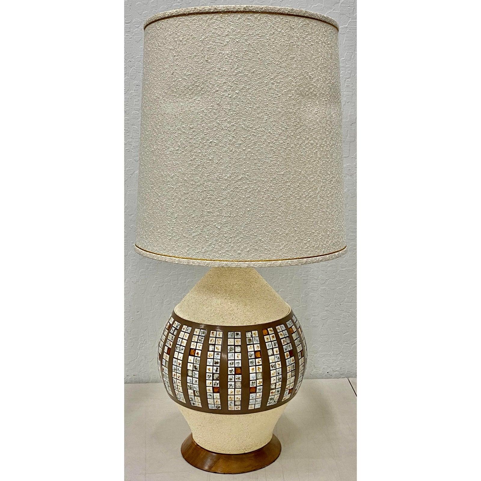 Midcentury Quartite Creative Corp ceramic tile lamp, circa 1963

Classic Mid-Century Modern Arts & Crafts style ceramic lamp with glazed tiles on a walnut base.

The original shade is lightly distressed.

Size: 8