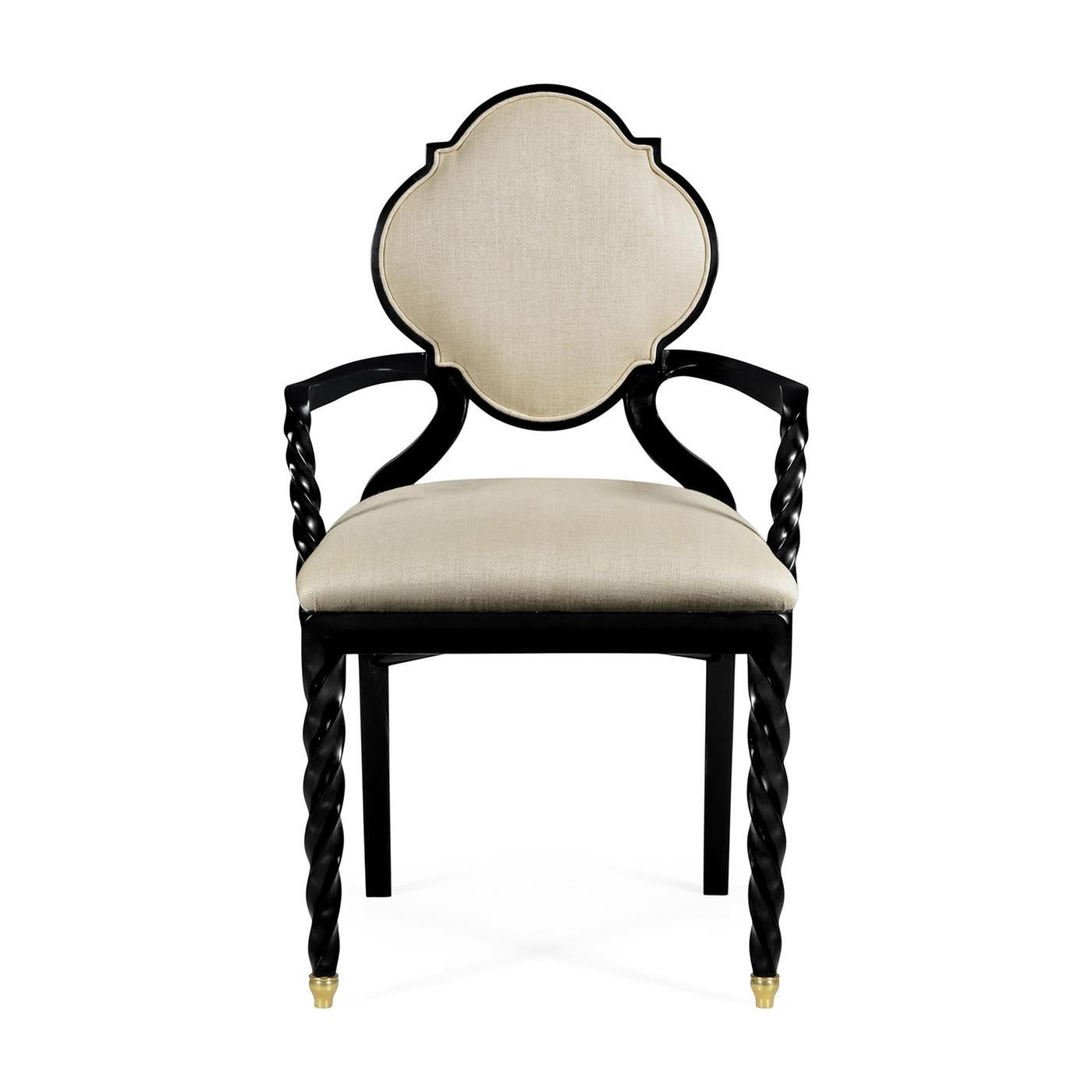 Mid century Style black lacquered dining chair with carved quatrefoil upholstered backrest and carved barley twist supports and legs. 

Dimensions: 22 1/4