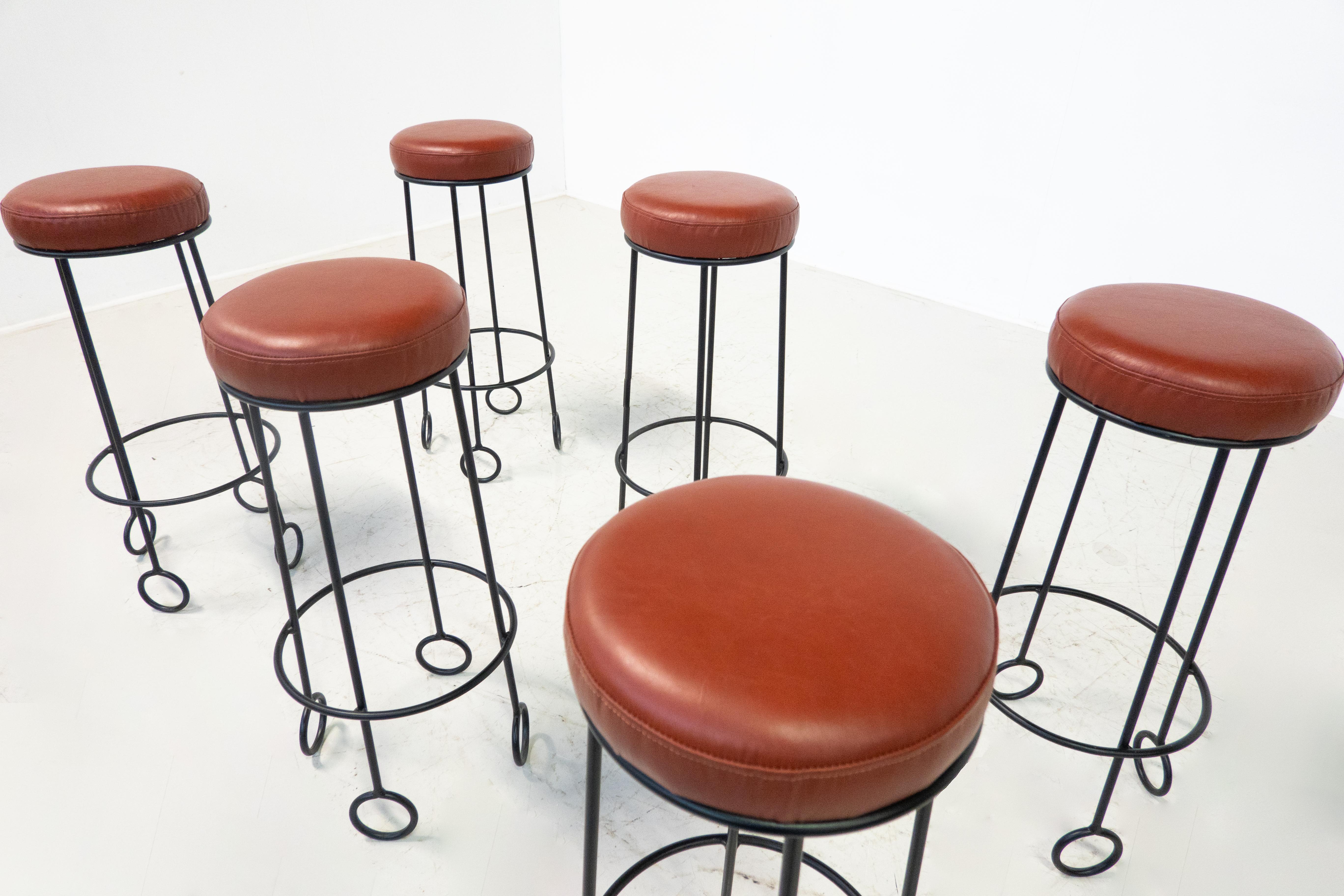Mid-Century 'Quattro Sgabelli' Bar Stool in the style of Jean Royère, Iron and Leather, Italy, 1950s - Sold Individually