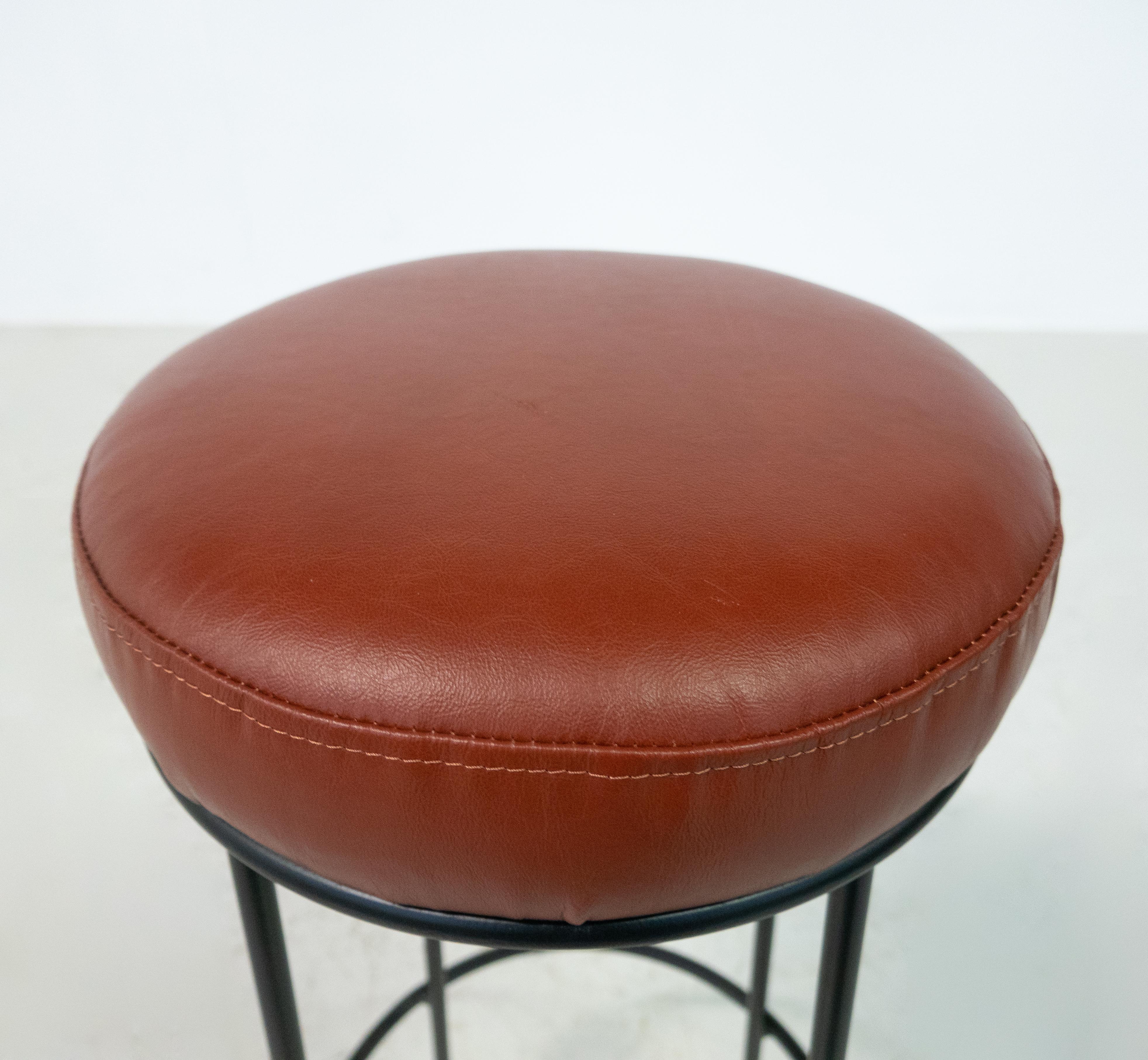 Italian Mid-Century Bar Stool in the style of Jean Royère, Iron and Leather, Italy For Sale