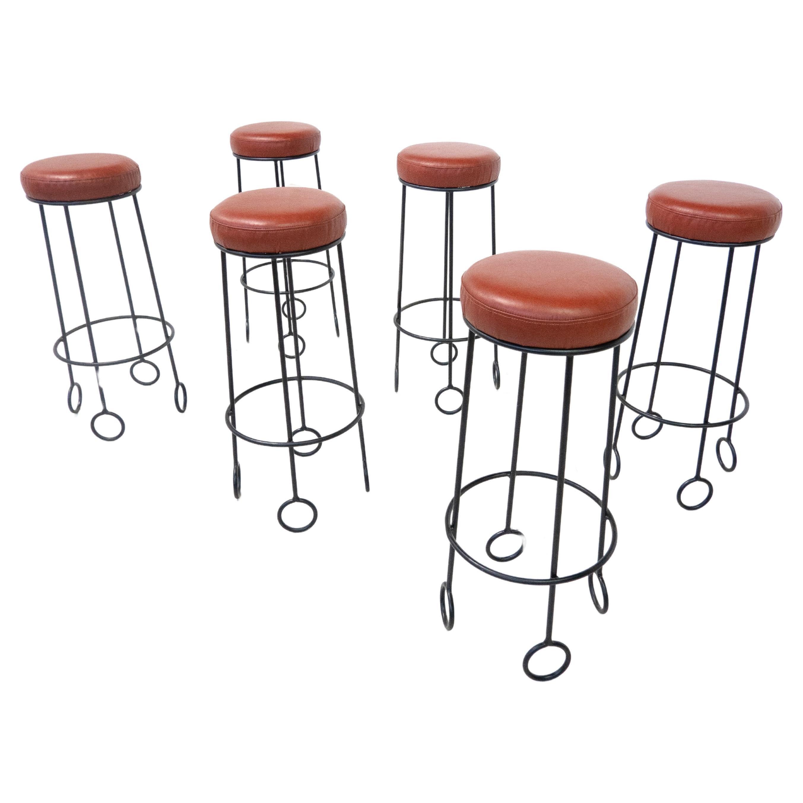 Mid-Century Bar Stool in the style of Jean Royère, Iron and Leather, Italy For Sale