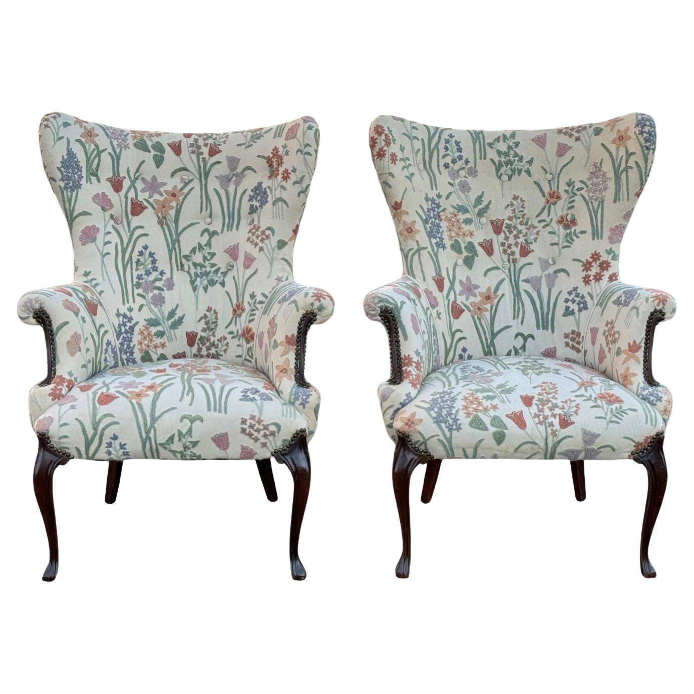 Mid Century Queen Anne Mahogany High Wingback Arm Chair Floral Crewel