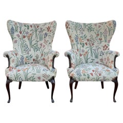 Mid Century Queen Anne Mahogany High Wingback Arm Chair Floral Crewel