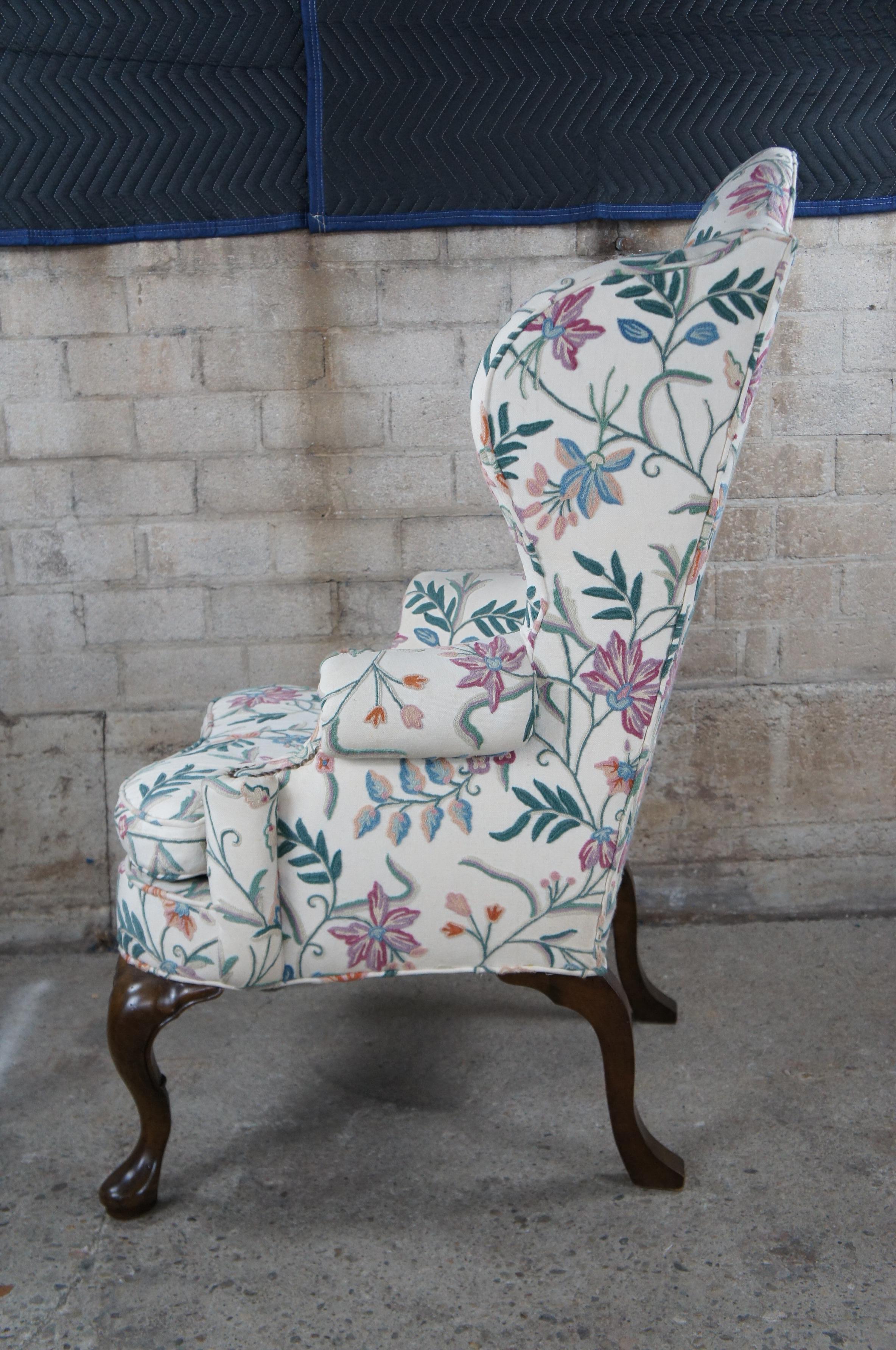 Mid Century Queen Anne Mahogany Library Club Wingback Arm Chair Floral Crewel  5