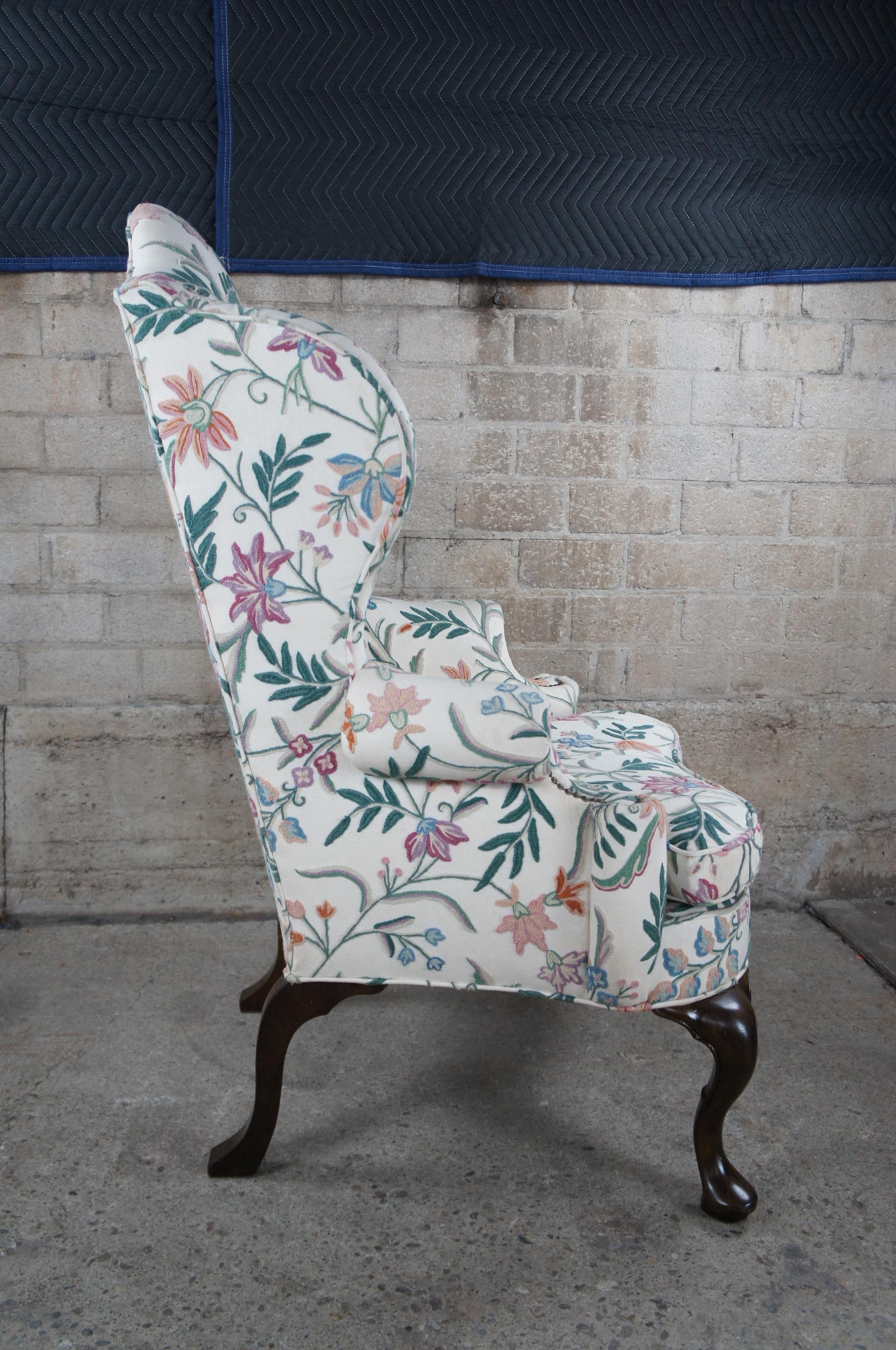 Mid Century Queen Anne Mahogany Library Club Wingback Arm Chair Floral Crewel  7