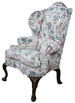 Mid Century Queen Anne Mahogany Library Club Wingback Arm Chair Floral Crewel