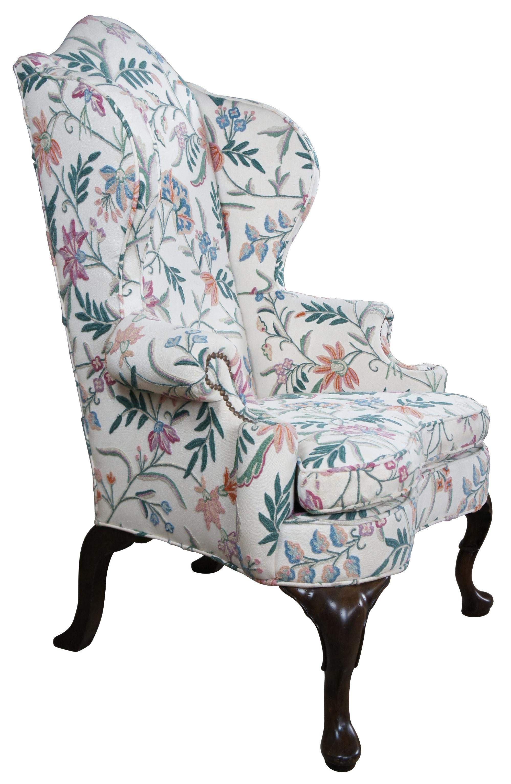 Mid Century Queen Anne Mahogany Library Club Wingback Arm Chair Floral Crewel  In Good Condition In Dayton, OH