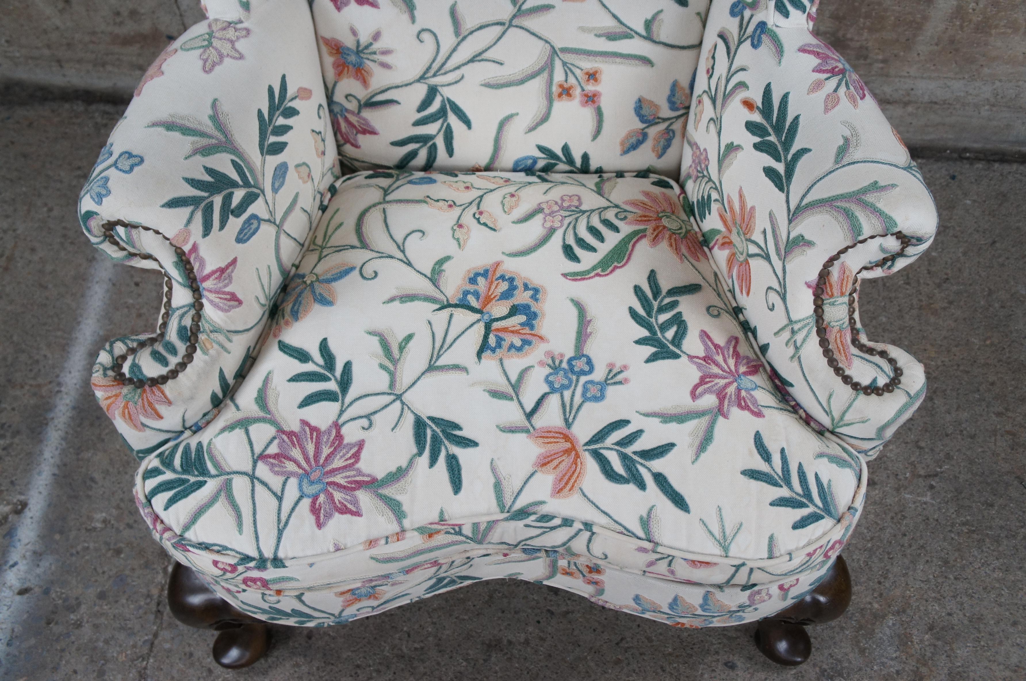 20th Century Mid Century Queen Anne Mahogany Library Club Wingback Arm Chair Floral Crewel 