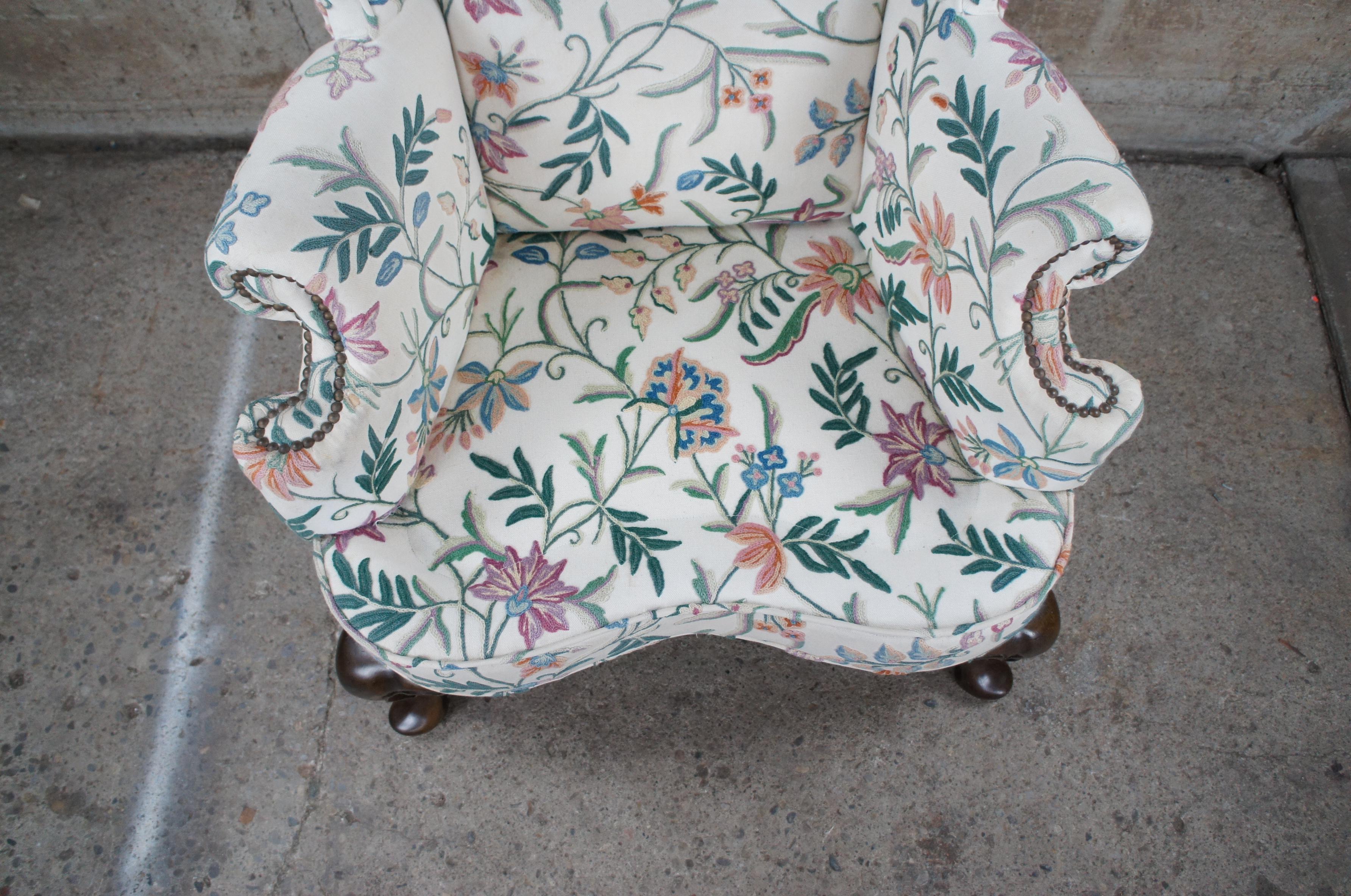 Mid Century Queen Anne Mahogany Library Club Wingback Arm Chair Floral Crewel  4