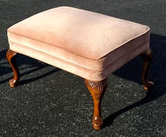 Mid Century Queen Anne Style Mahogany and Velvet Upholstered Foot Stool Ottoman