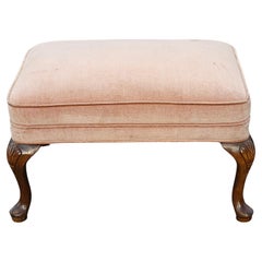 Antique Mid Century Queen Anne Style Mahogany and Velvet Upholstered Foot Stool Ottoman