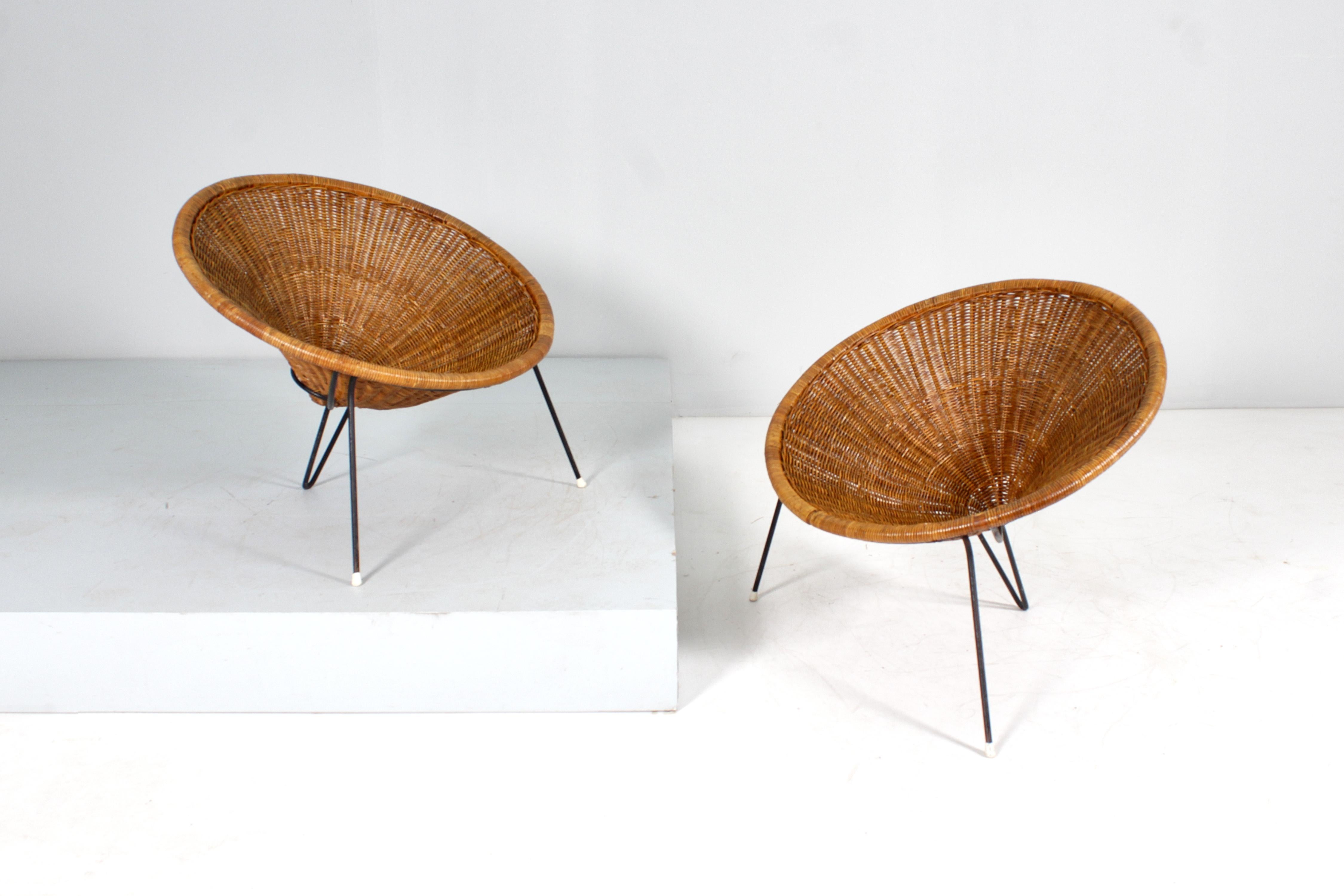 Mid-Century R. Mango Set of 2 Conical Wicker and Iron Armchair  50s Italy  10