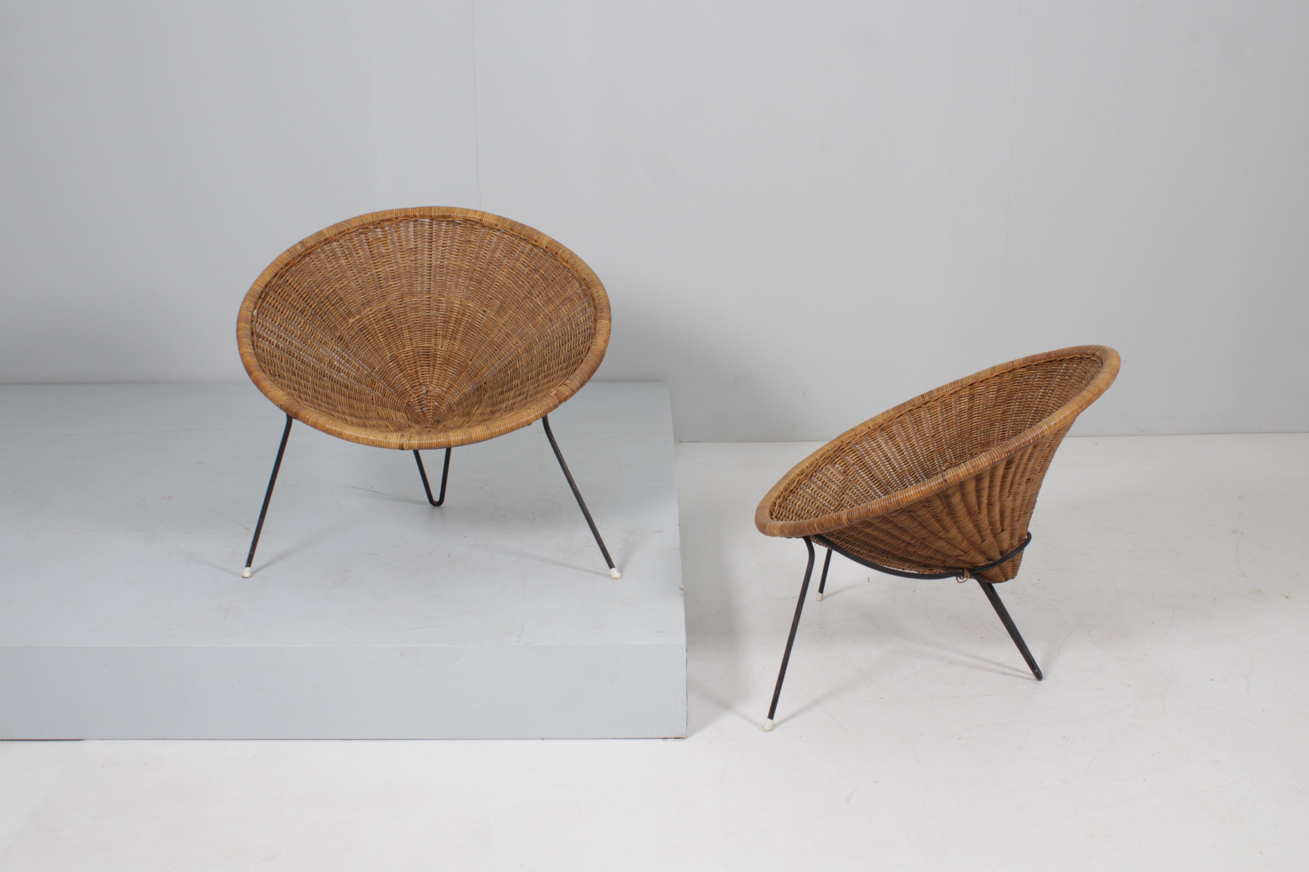 Mid-Century Modern Mid-Century R. Mango Set of 2 Conical Wicker and Iron Armchair  50s Italy 