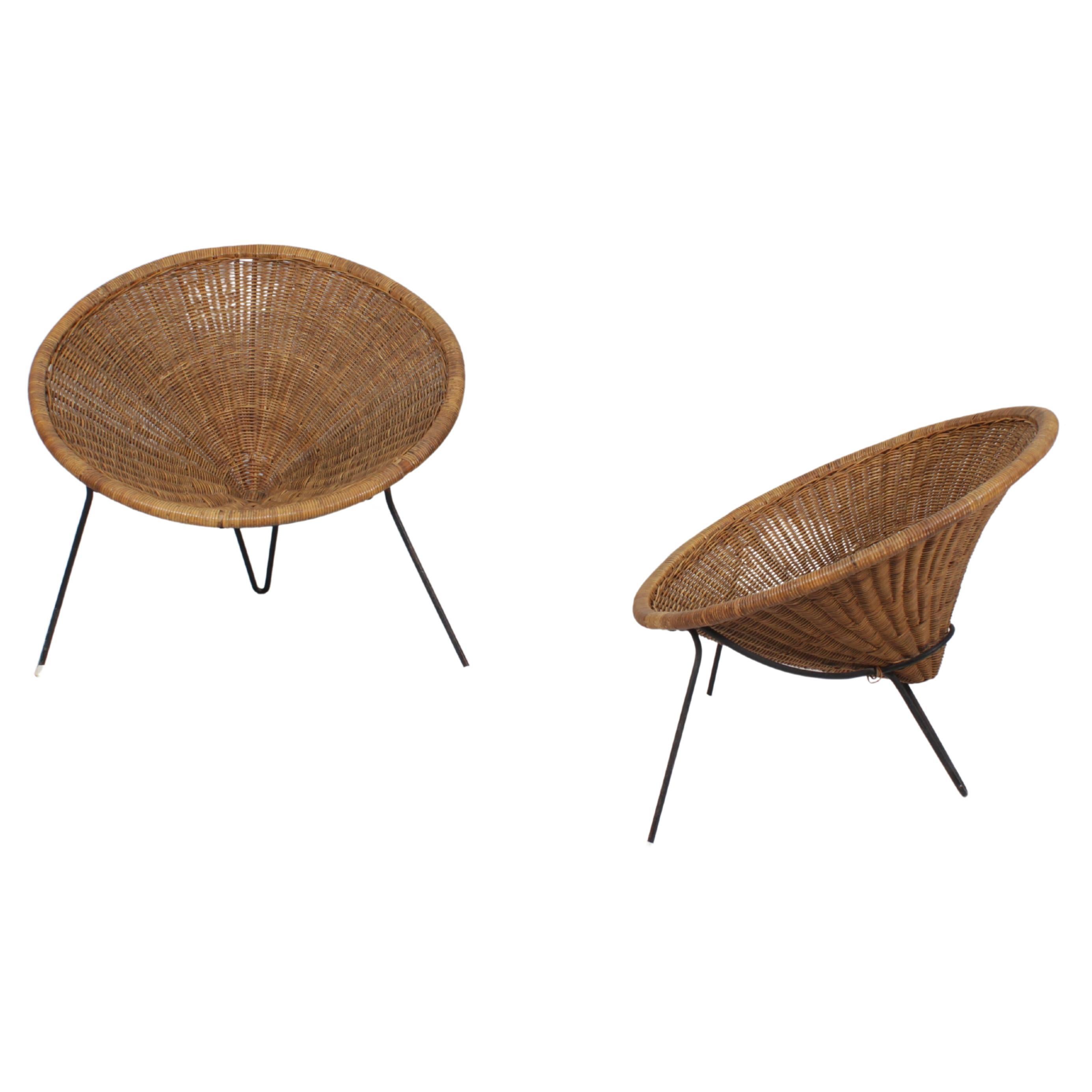 Mid-Century R. Mango Set of 2 Conical Wicker and Iron Armchair  50s Italy 