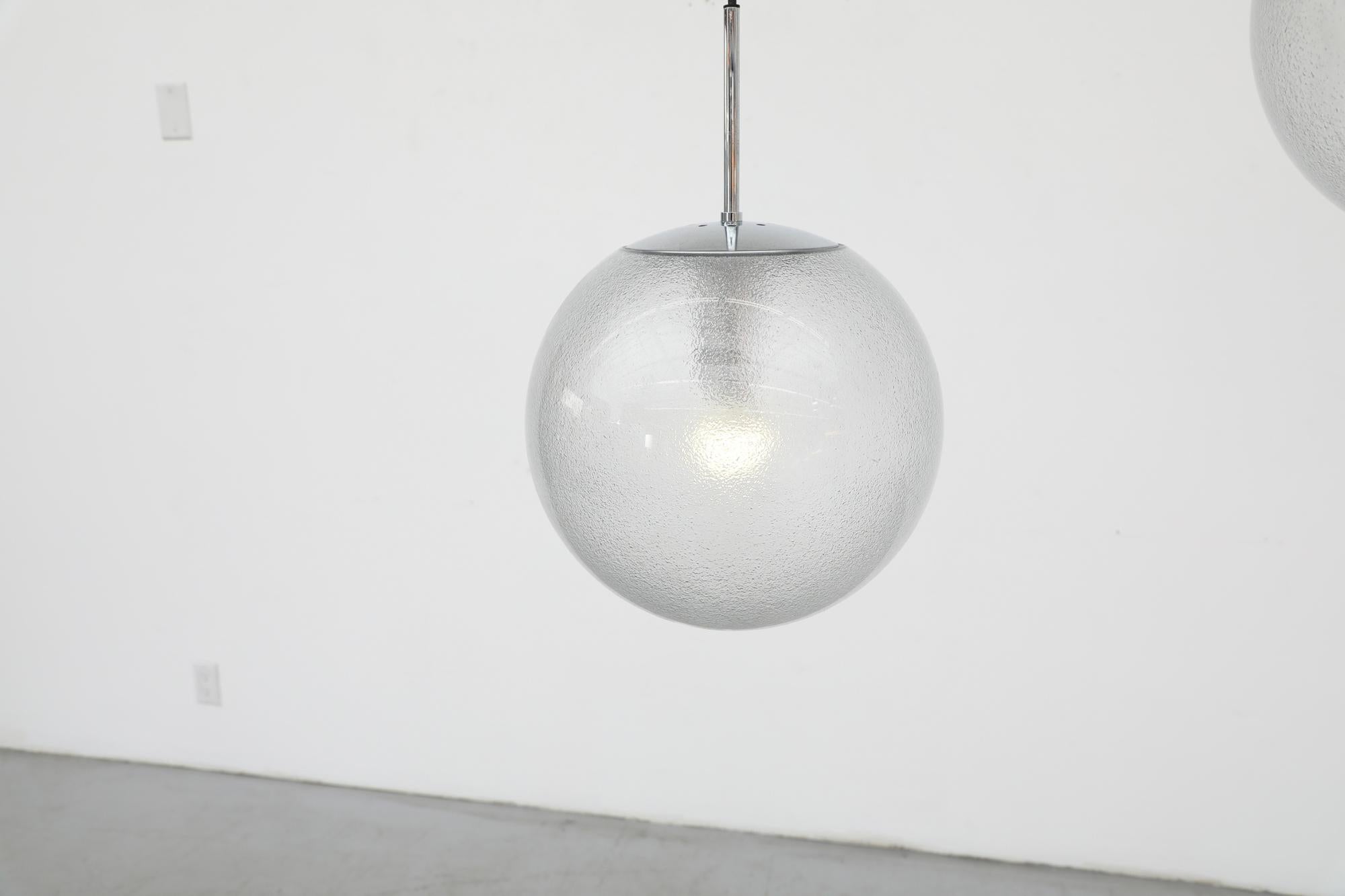 Dutch Mid-Century RAAK Style Chrome & Textured Plexiglass Bubble Globe Pendant Lights For Sale