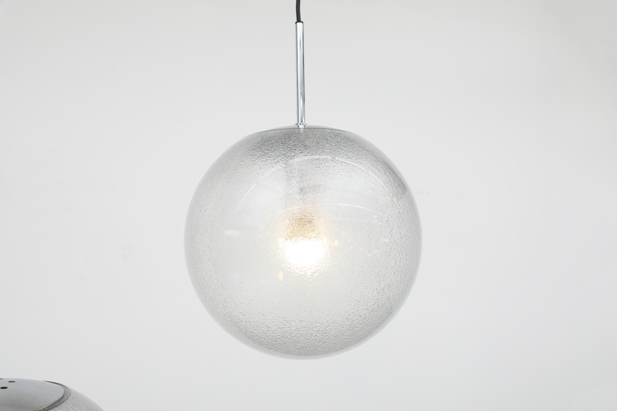 Mid-Century RAAK Style Chrome & Textured Plexiglass Bubble Globe Pendant Lights In Good Condition For Sale In Los Angeles, CA