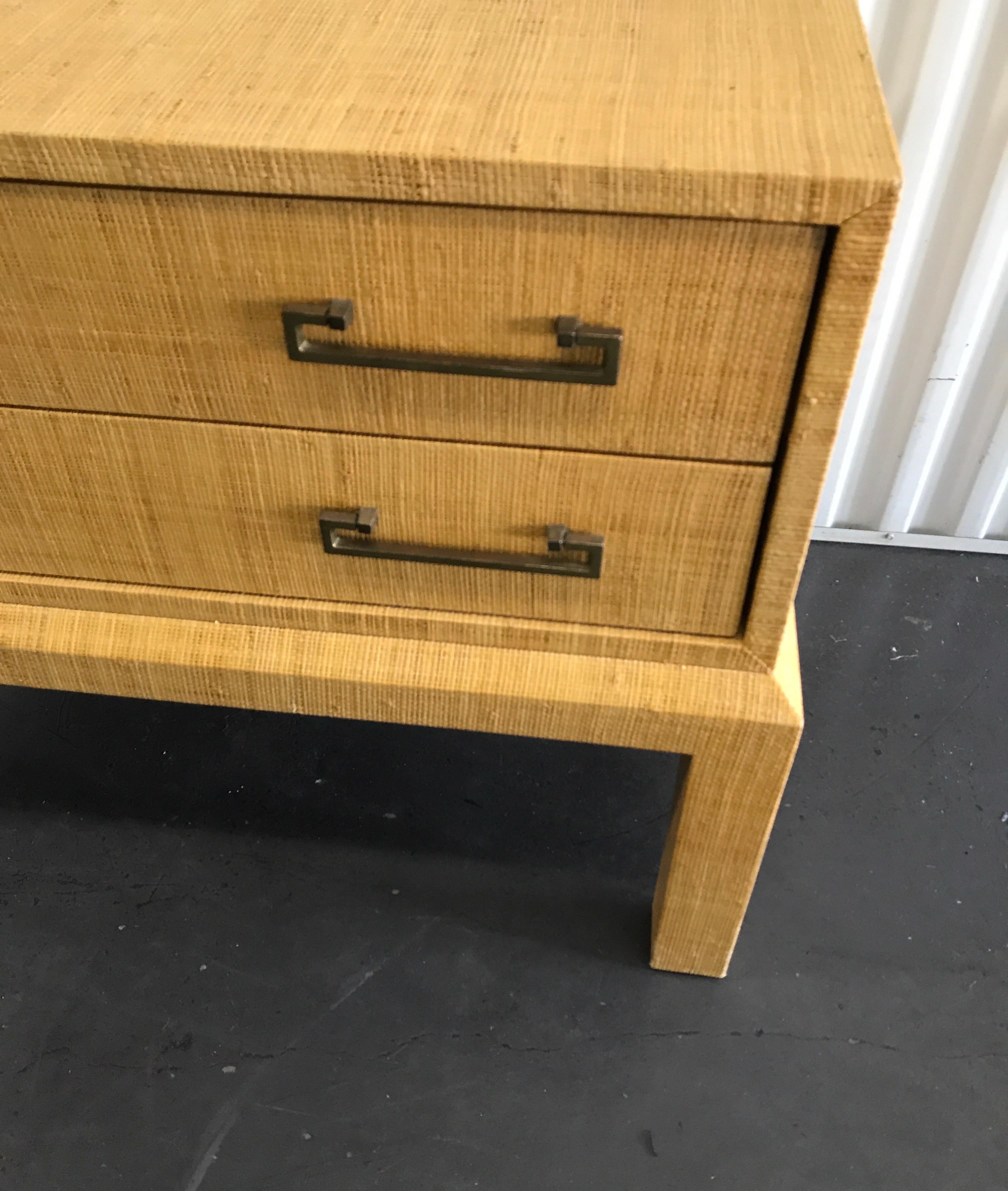 20th Century Midcentury Raffia Covered Two-Drawer Chest or Side Table For Sale