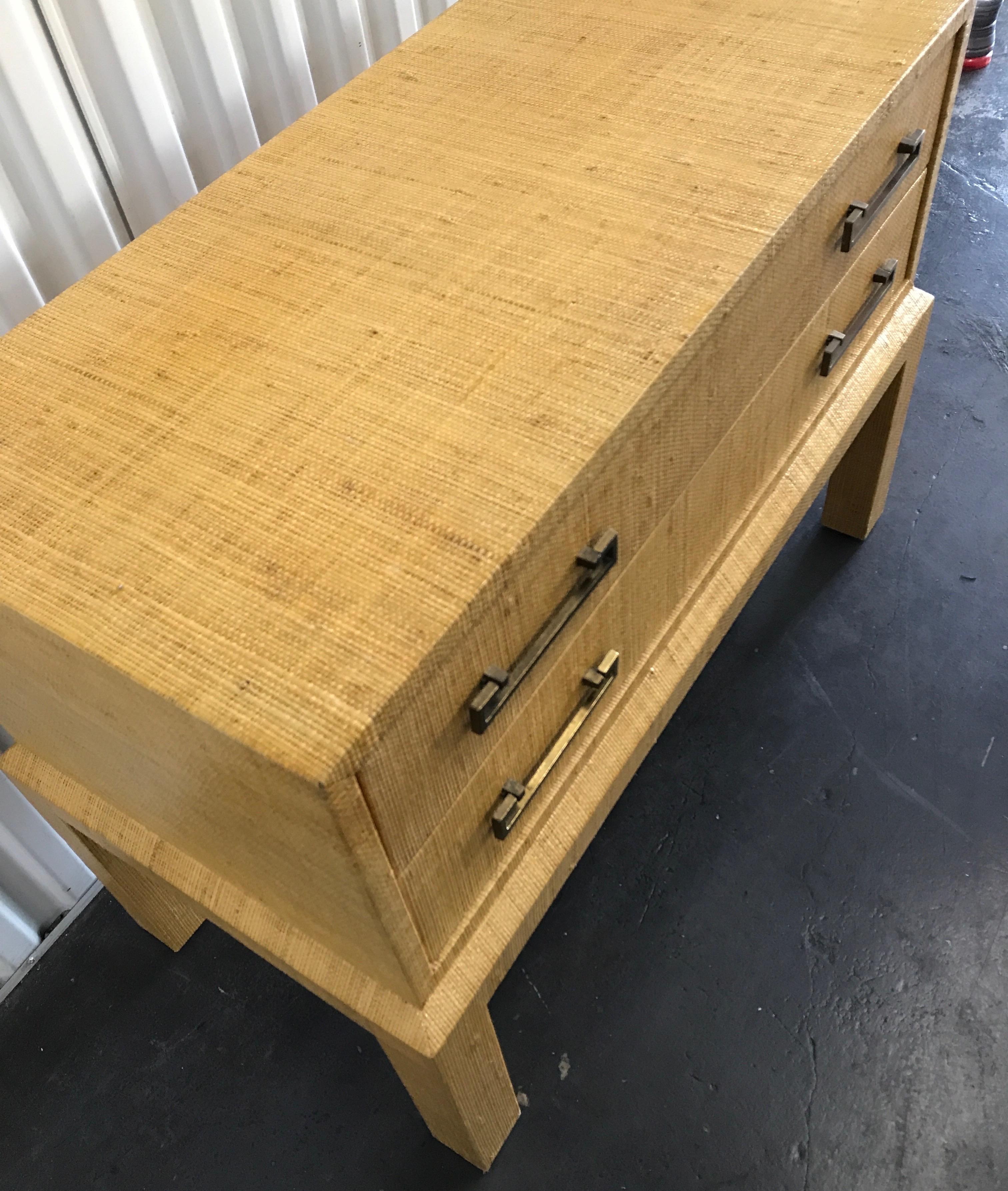Midcentury Raffia Covered Two-Drawer Chest or Side Table For Sale 1