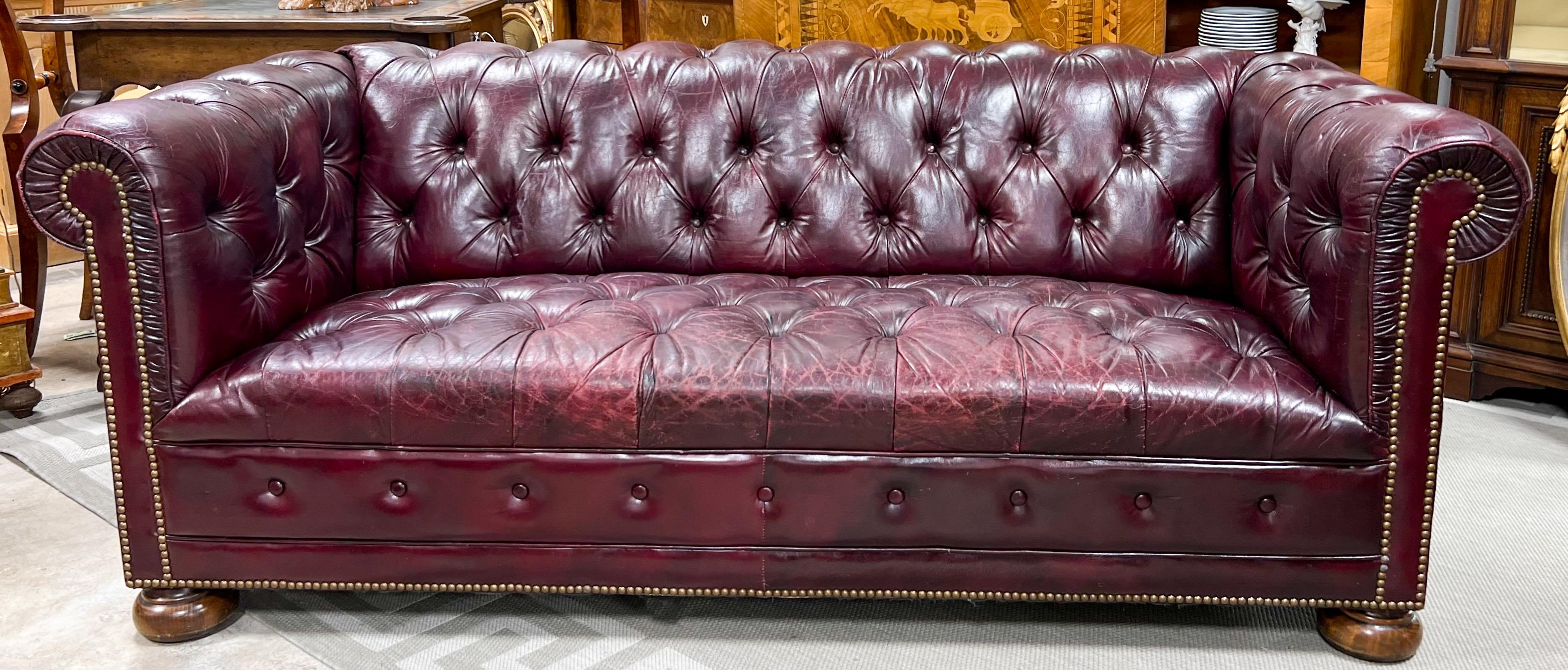 MidCentury Ralph Lauren Style Tufted Leather Oxblood Chesterfield Sofa