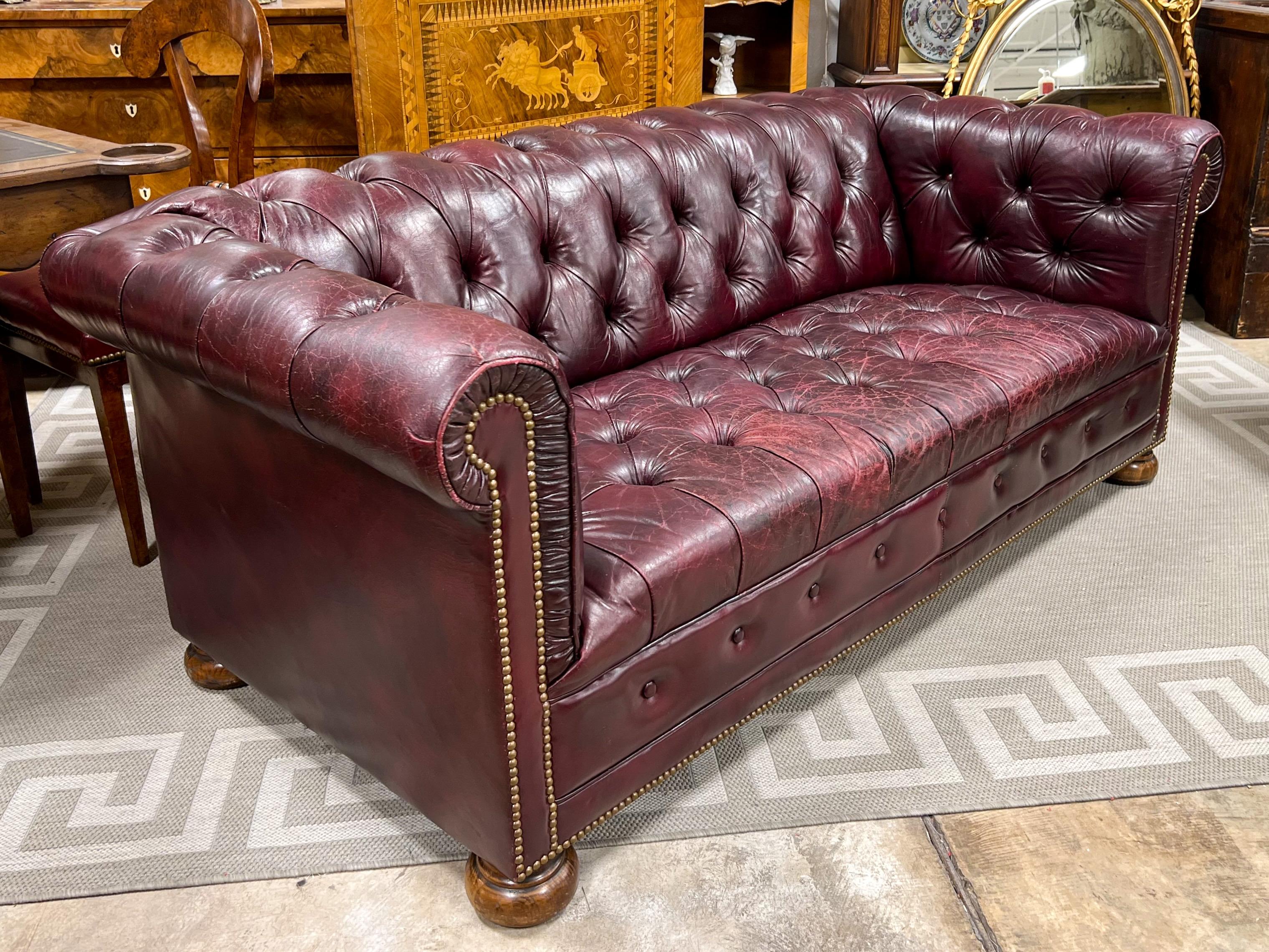 MidCentury Ralph Lauren Style Tufted Leather Oxblood Chesterfield Sofa
