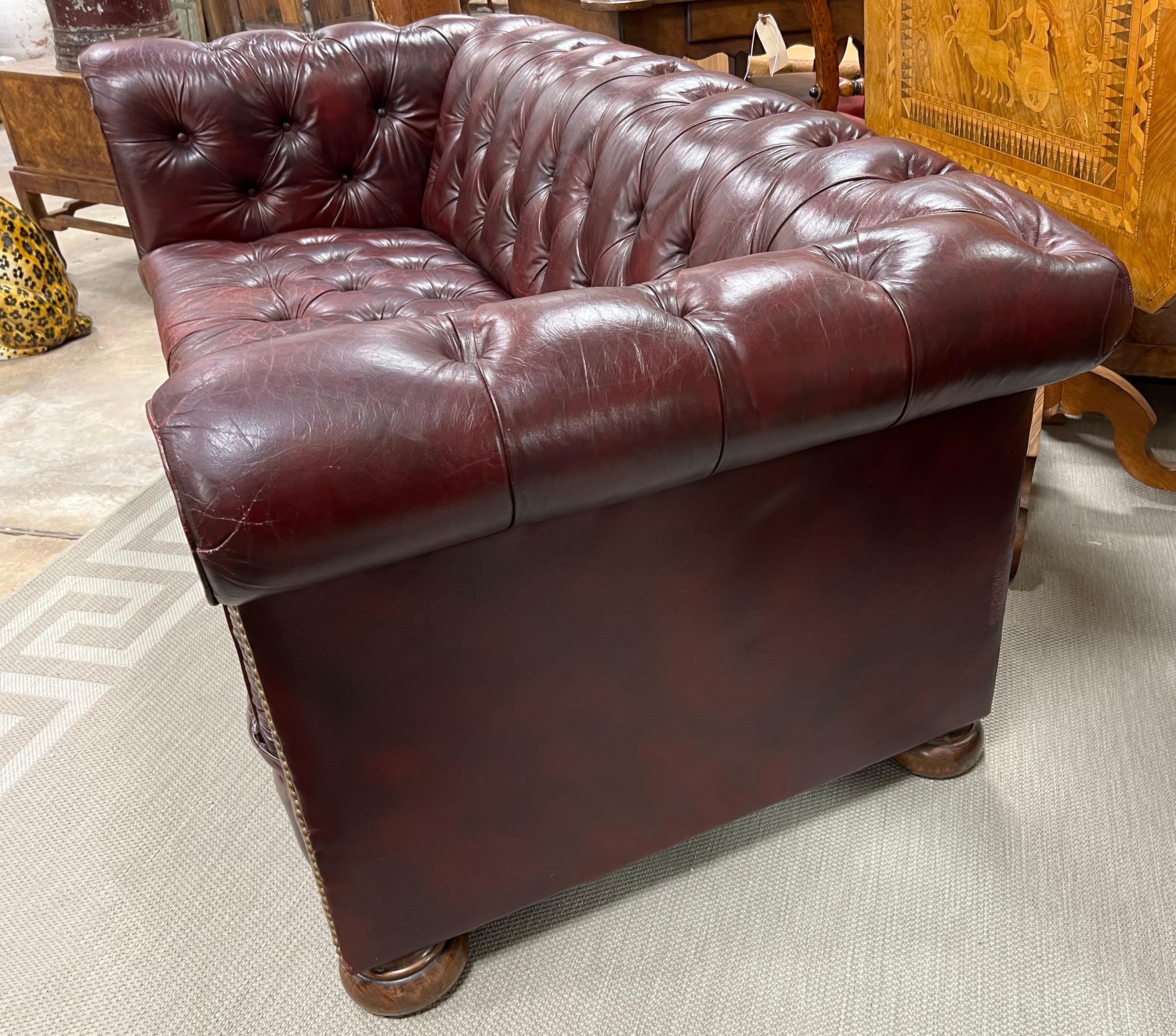 MidCentury Ralph Lauren Style Tufted Leather Oxblood Chesterfield Sofa