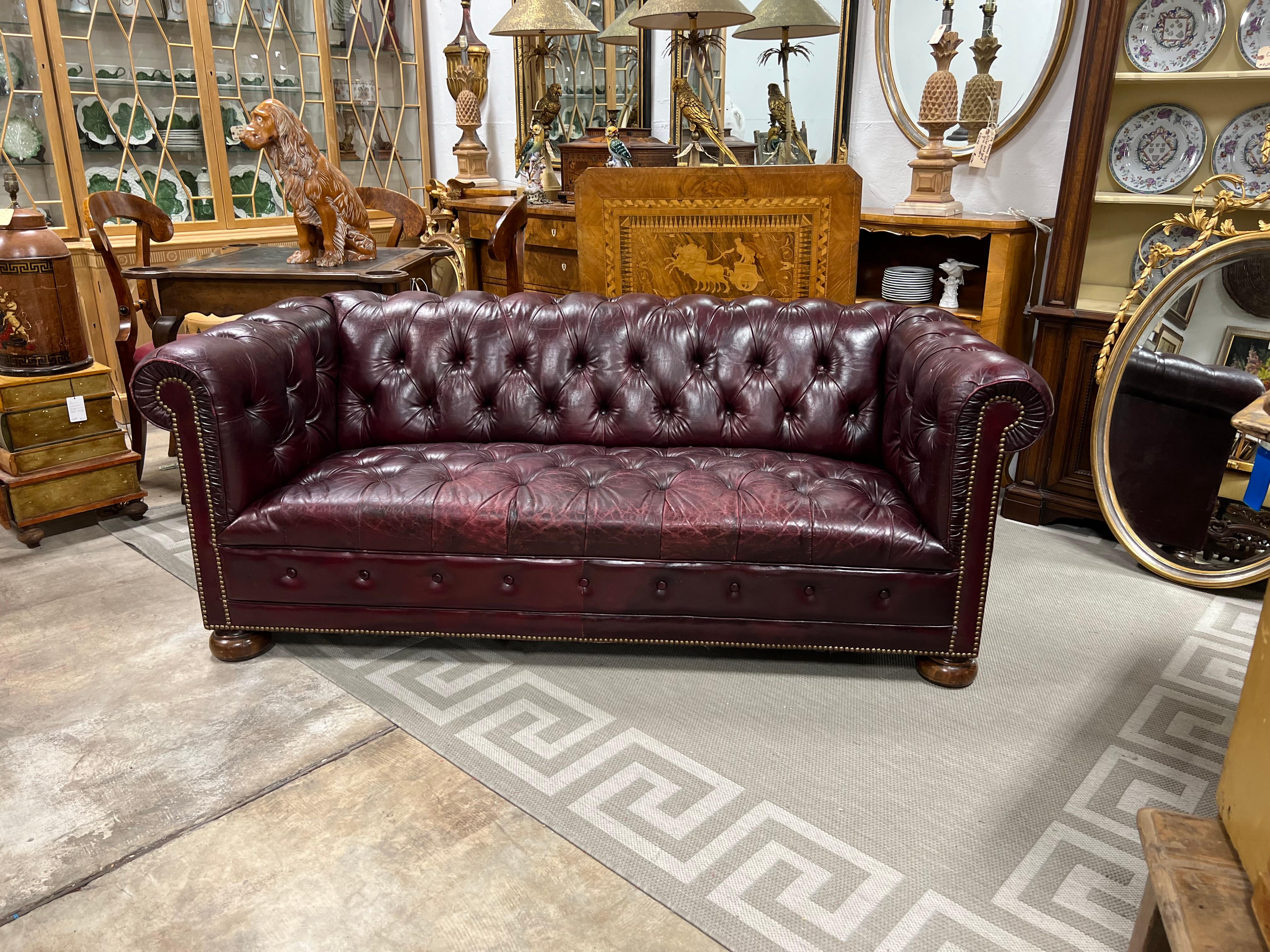 MidCentury Ralph Lauren Style Tufted Leather Oxblood Chesterfield Sofa