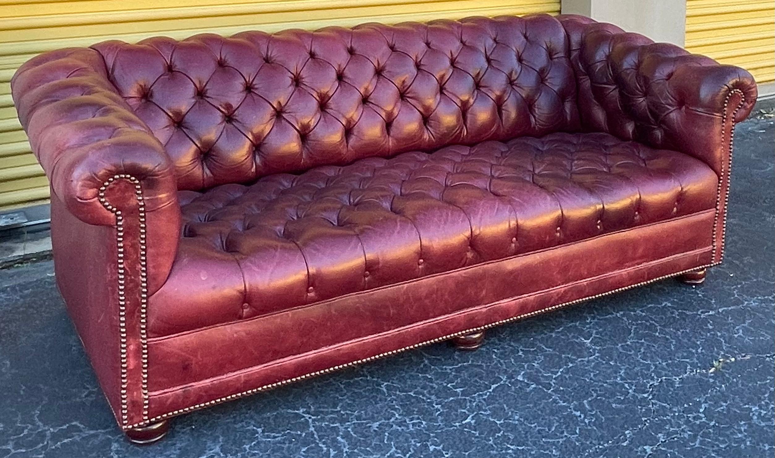 American Mid-Century Ralph Lauren Style Tufted Oxblood / Garnet Leather Chesterfield Sofa