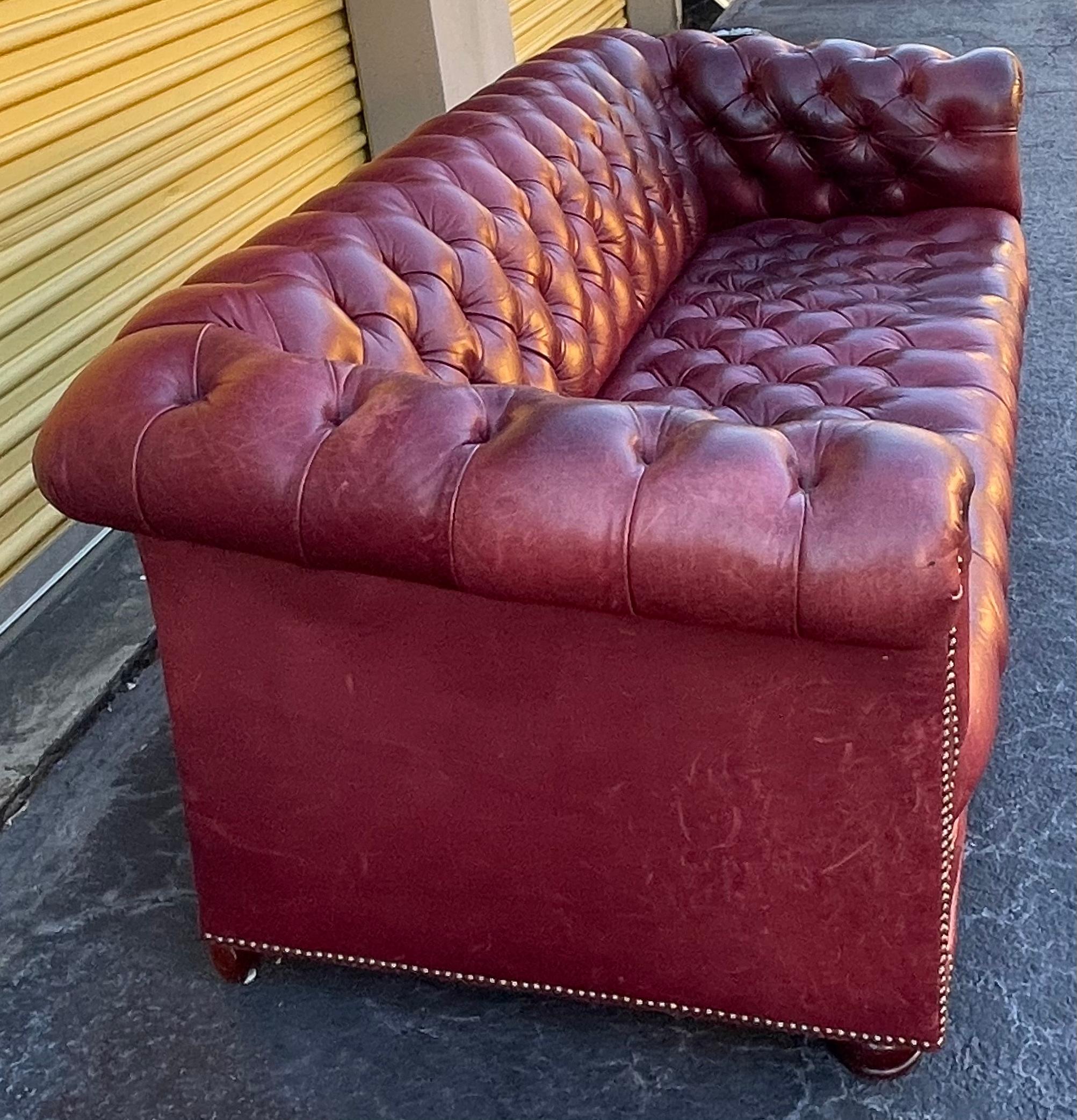 Mid-Century Ralph Lauren Style Tufted Oxblood / Garnet Leather Chesterfield Sofa In Good Condition In Kennesaw, GA