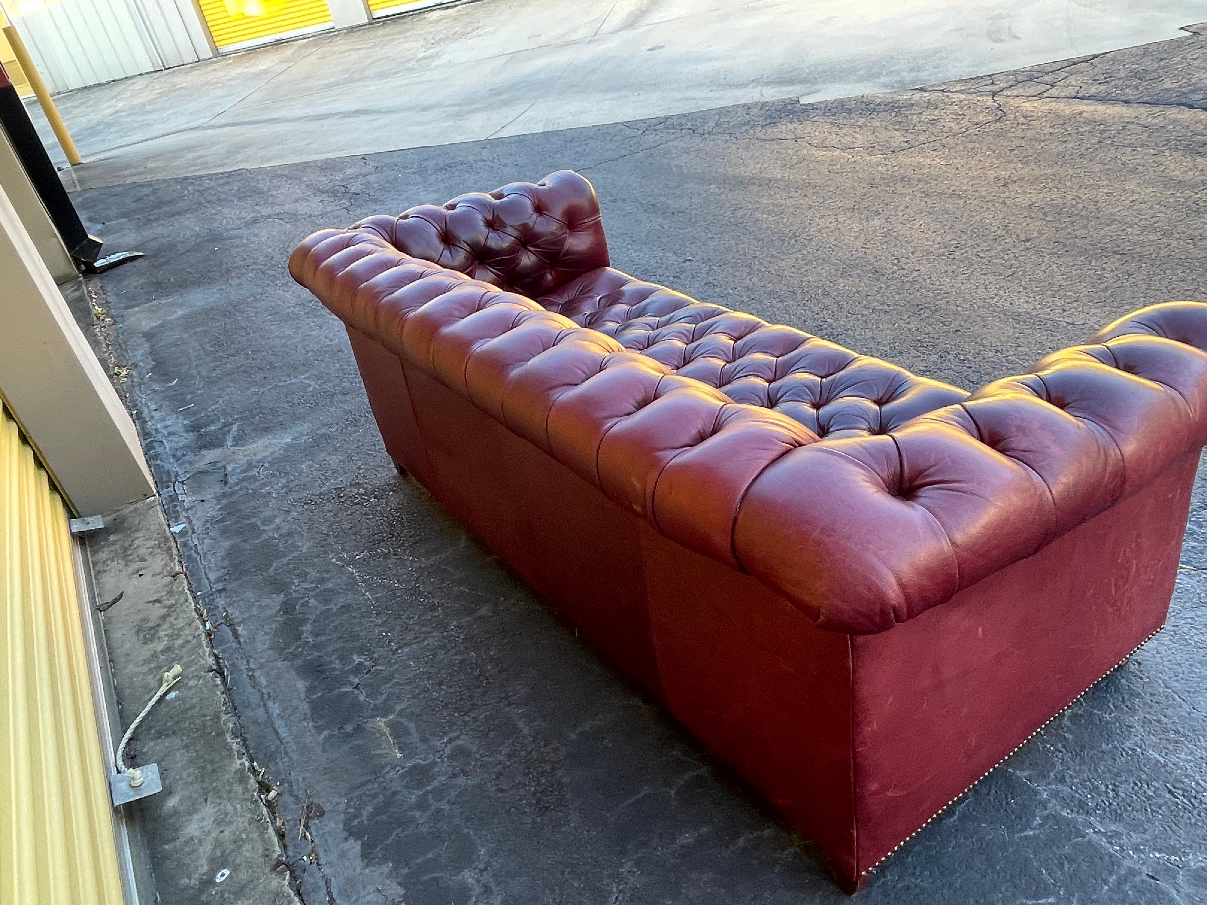 20th Century Mid-Century Ralph Lauren Style Tufted Oxblood / Garnet Leather Chesterfield Sofa