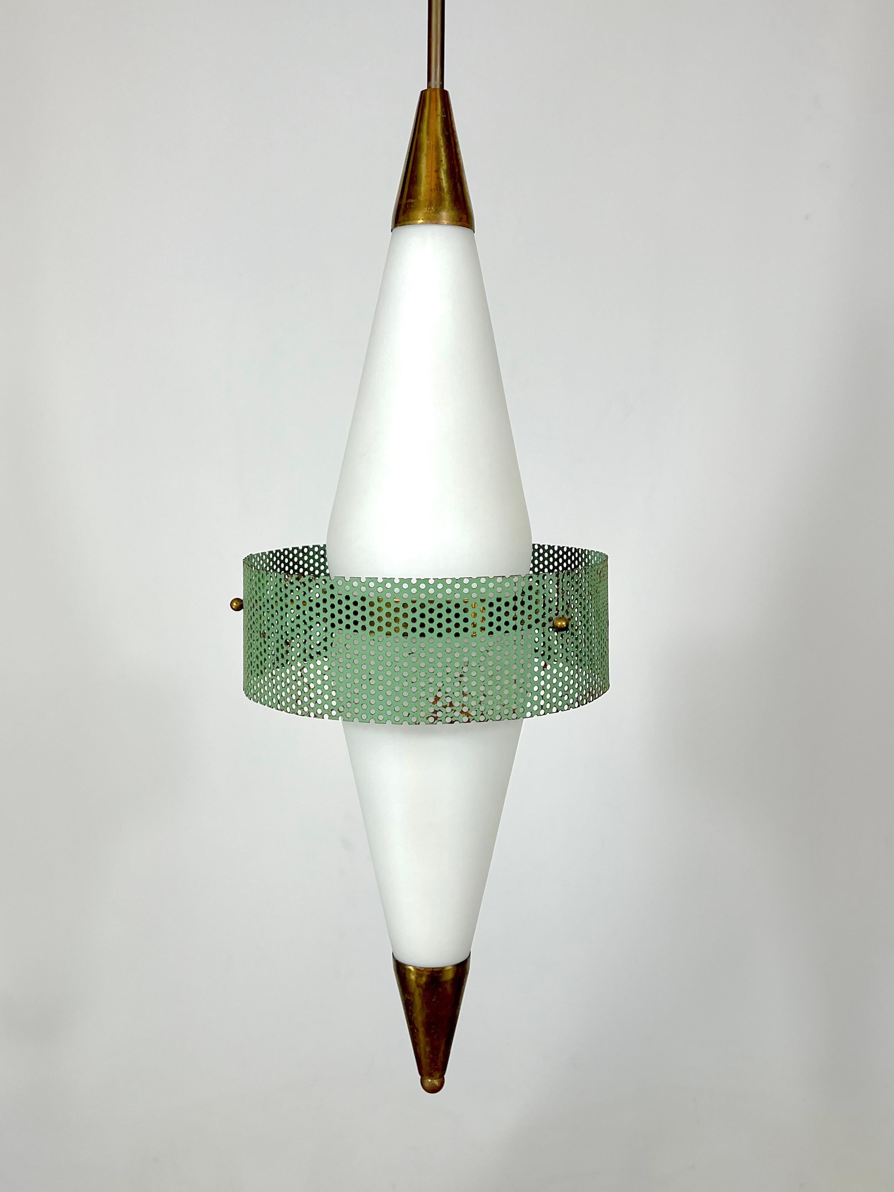 Mid-Century Rare Brass and Triplex Opaline Glass Pendant Lamp by Stilnovo For Sale 3