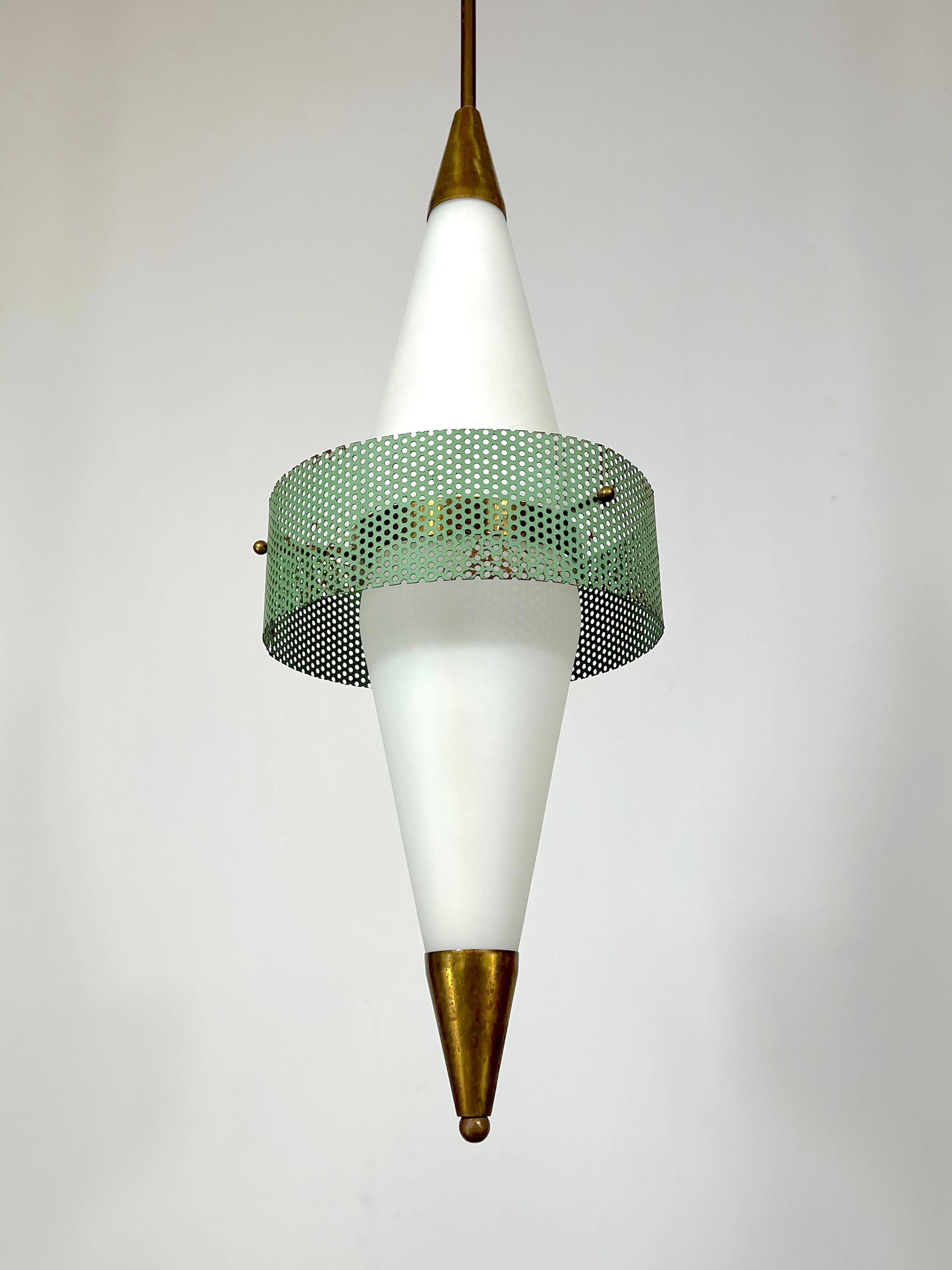 Mid-Century Rare Brass and Triplex Opaline Glass Pendant Lamp by Stilnovo For Sale 4