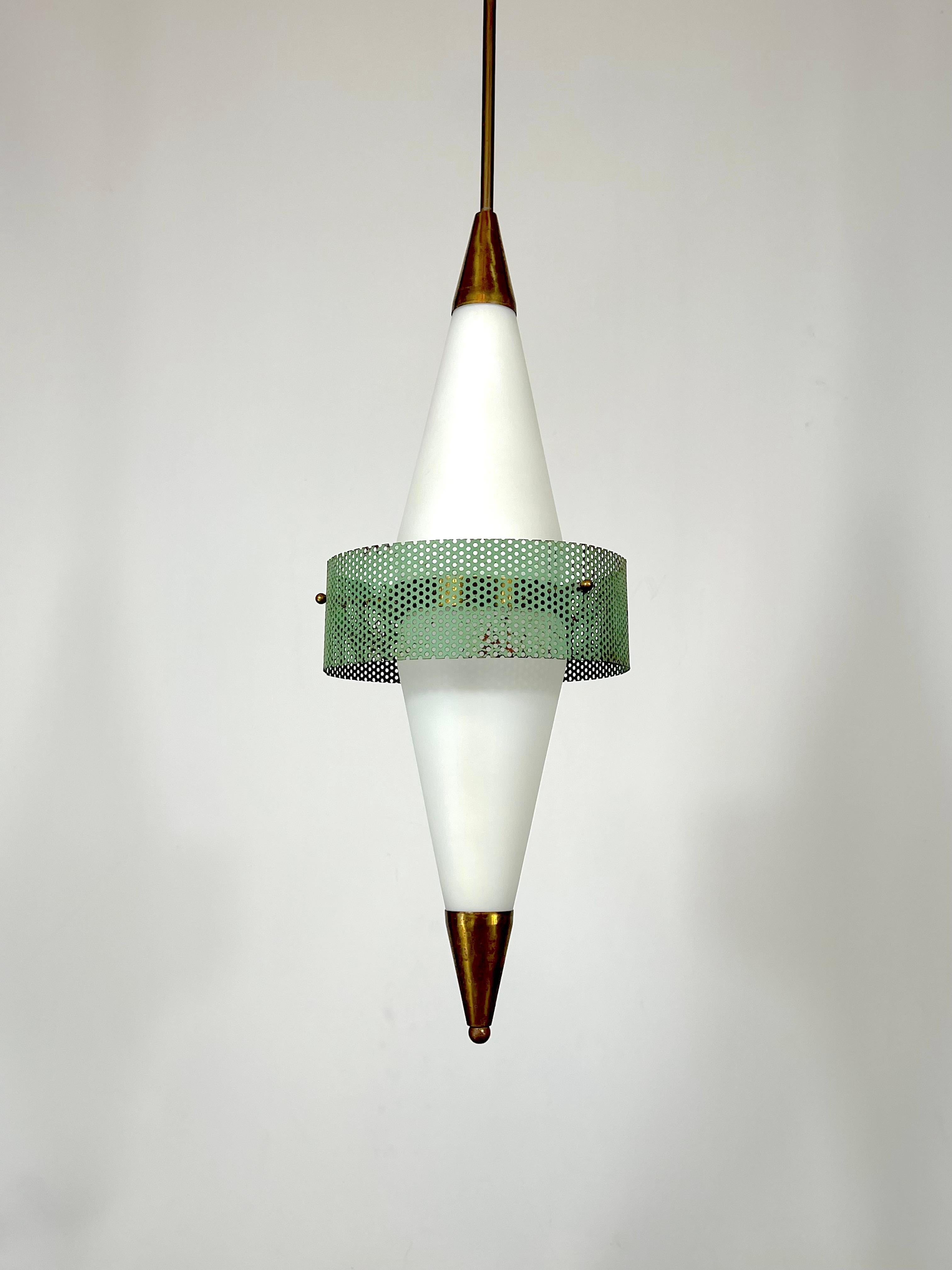Mid-Century Rare Brass and Triplex Opaline Glass Pendant Lamp by Stilnovo For Sale 5