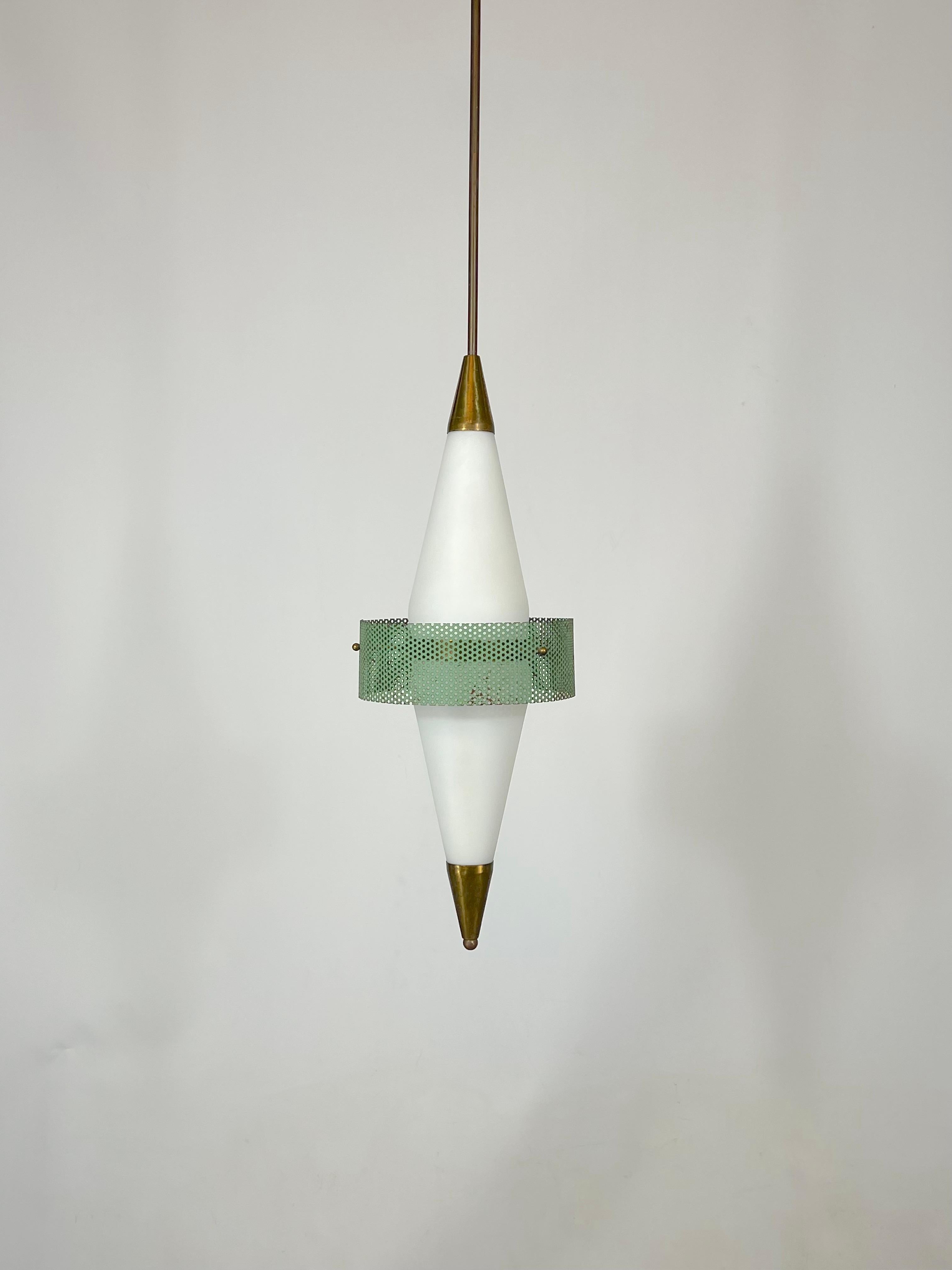 Mid-Century Rare Brass and Triplex Opaline Glass Pendant Lamp by Stilnovo For Sale 6