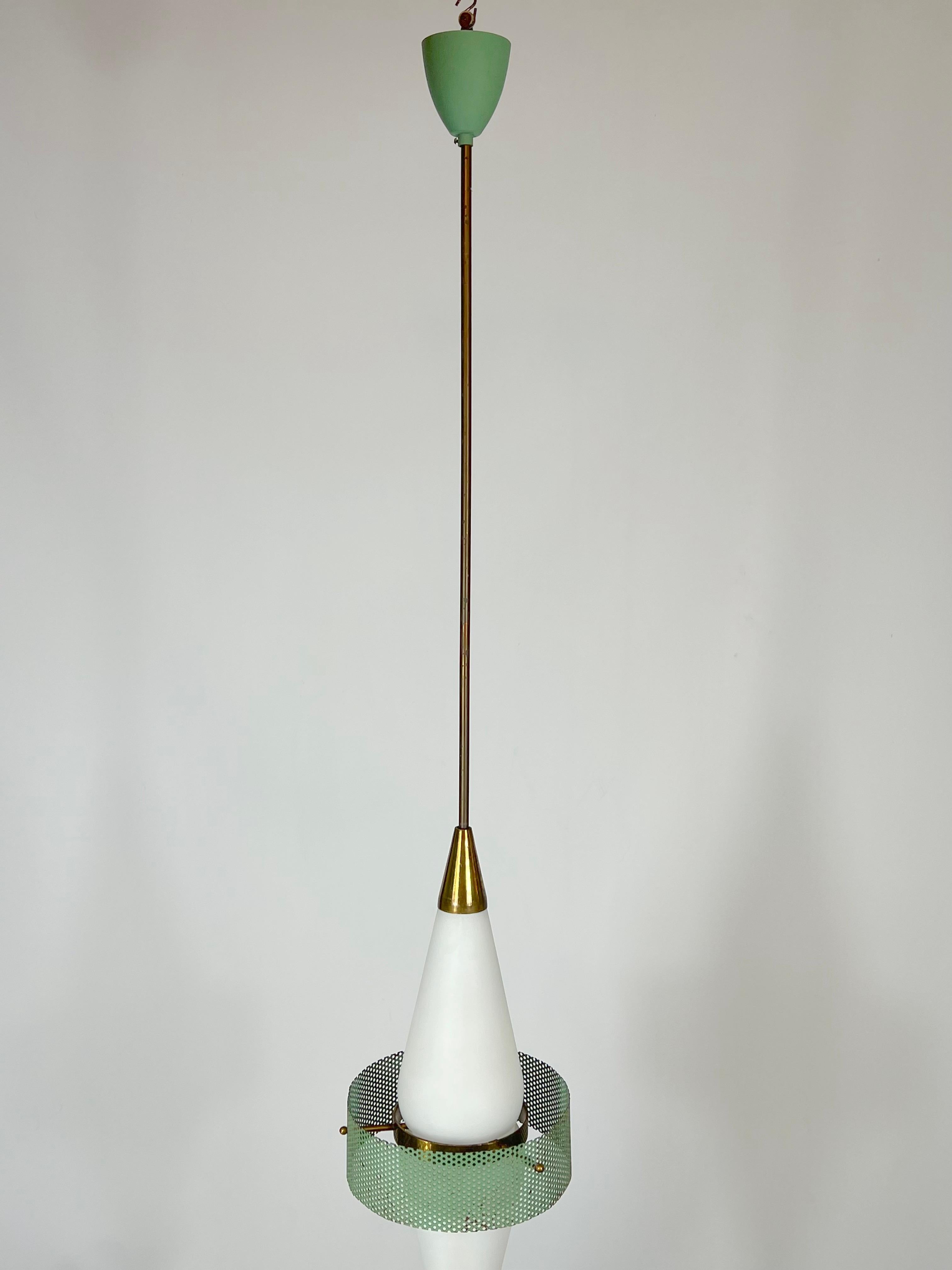 Mid-Century Rare Brass and Triplex Opaline Glass Pendant Lamp by Stilnovo For Sale 7