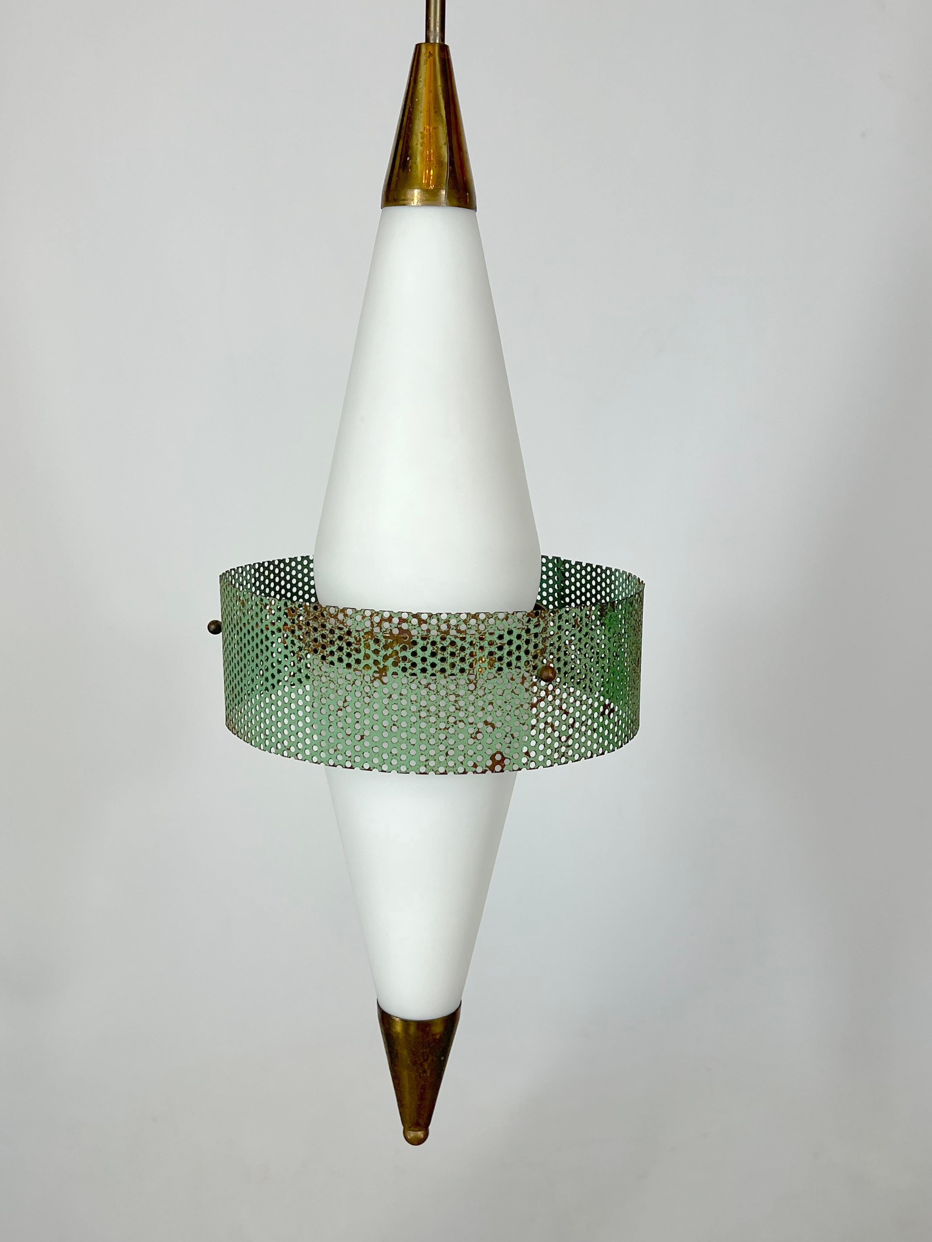 Mid-Century Rare Brass and Triplex Opaline Glass Pendant Lamp by Stilnovo For Sale 9