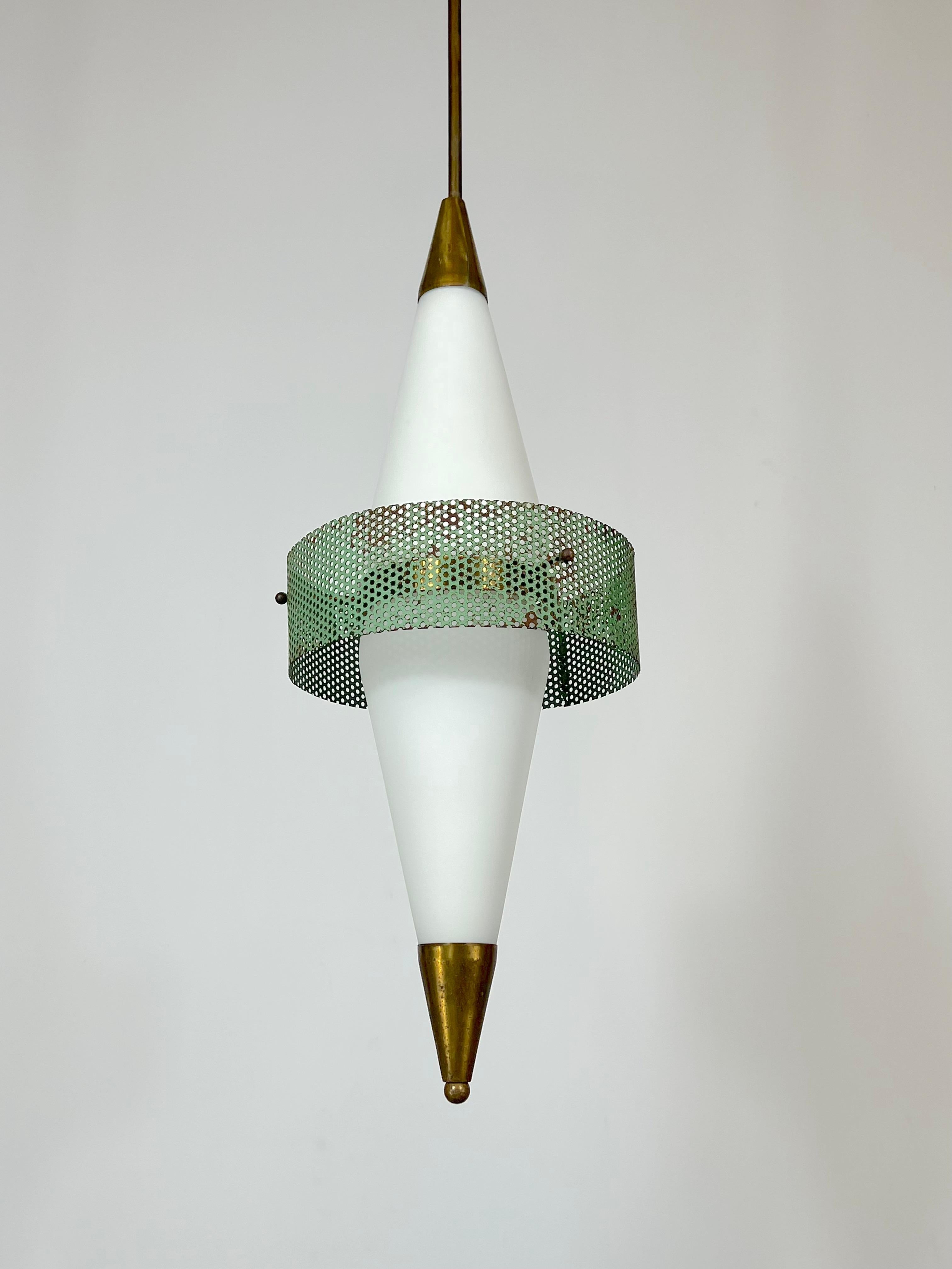Mid-Century Rare Brass and Triplex Opaline Glass Pendant Lamp by Stilnovo For Sale 10