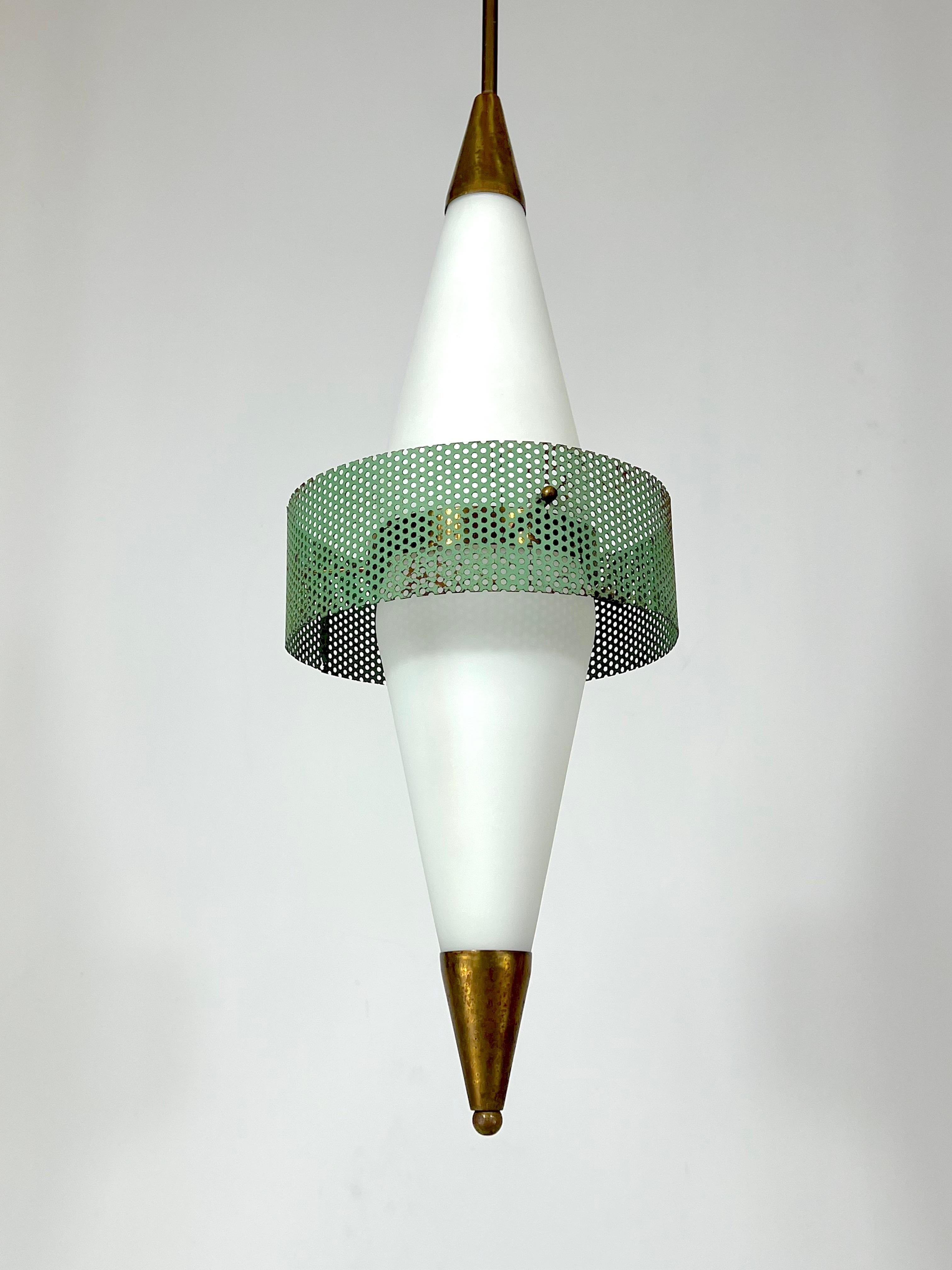Vintage unaltered condition with normal trace of age and use but a cut on the brass upper part as shown in a detailed image. Very rare pendant lamp produced by Stilnovo during the 50s. Triplex opaline glasses. Height of fixture without rod 58 cm.