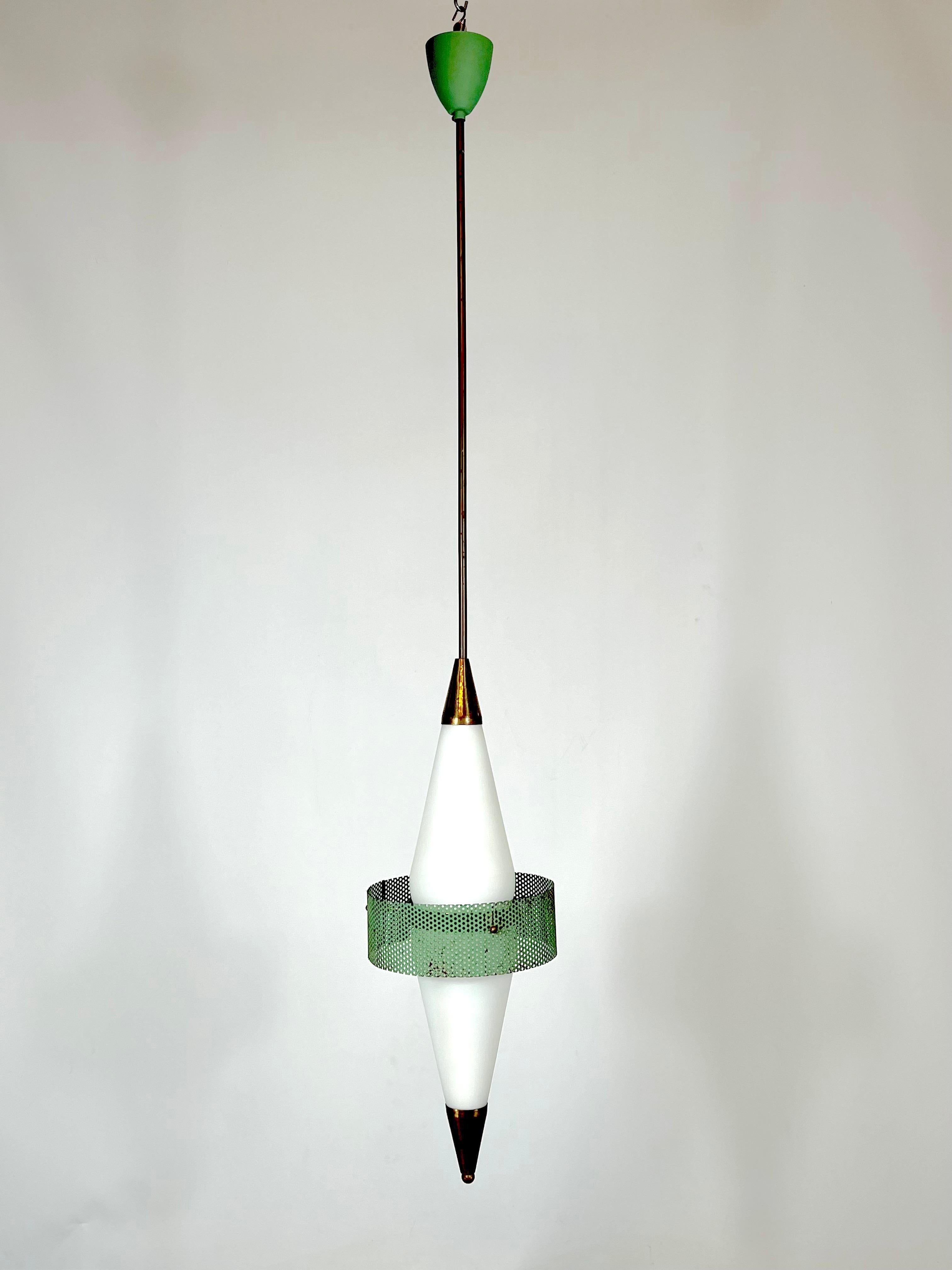 Mid-Century Modern Mid-Century Rare Brass and Triplex Opaline Glass Pendant Lamp by Stilnovo For Sale
