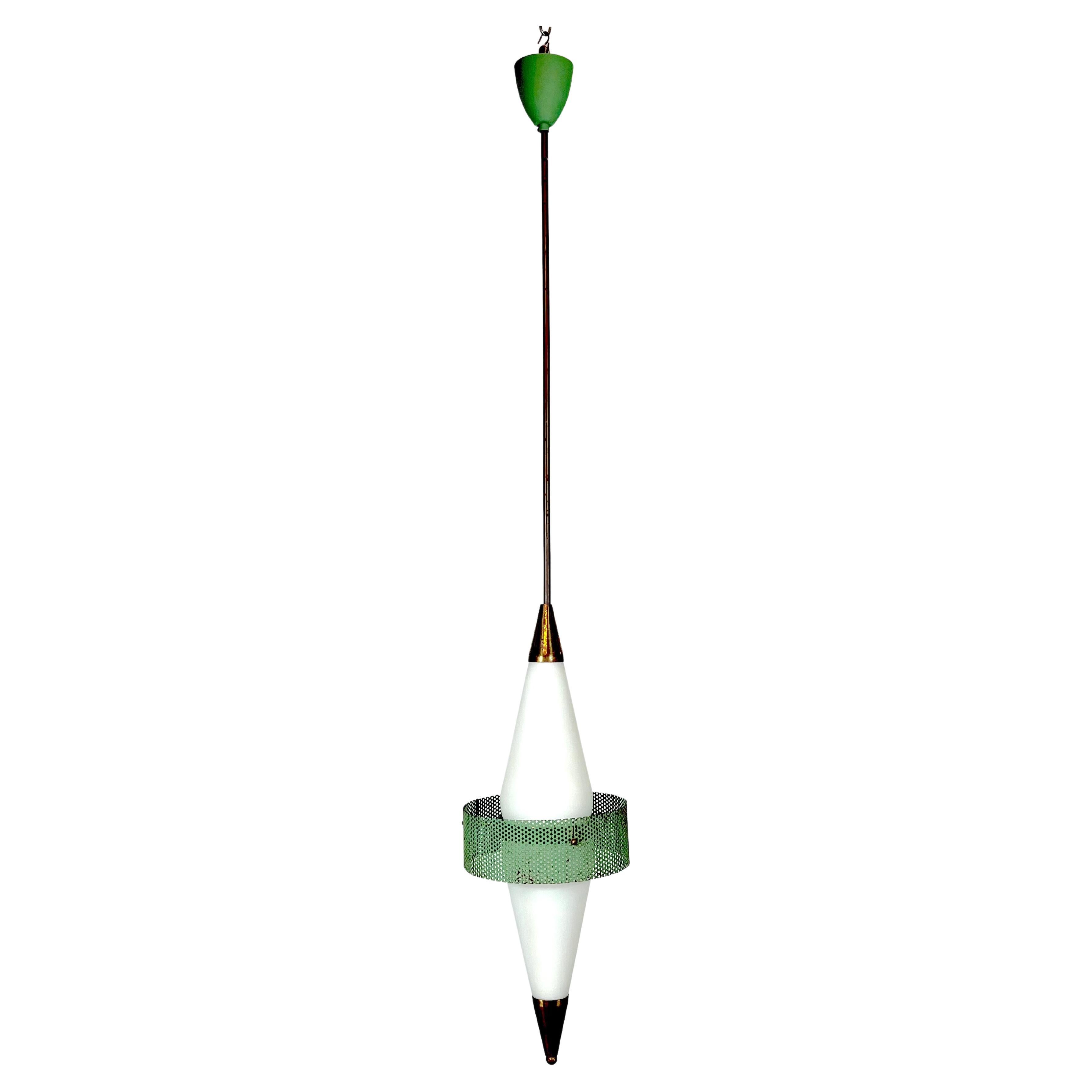 Mid-Century Rare Brass and Triplex Opaline Glass Pendant Lamp by Stilnovo For Sale