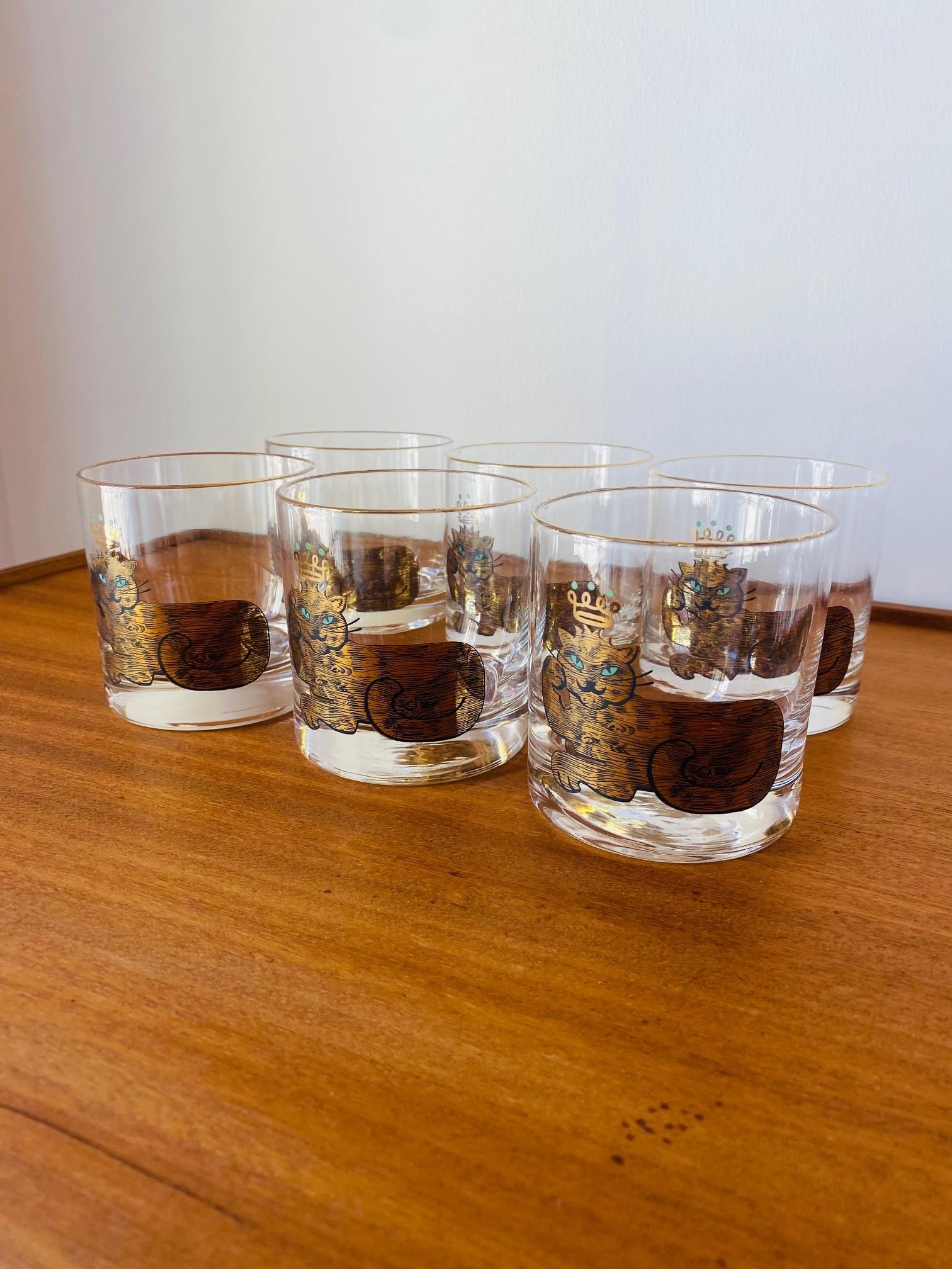 Mid-Century Modern Mid Century Rare Couroc King Cat Lowball Glasses Set of 6